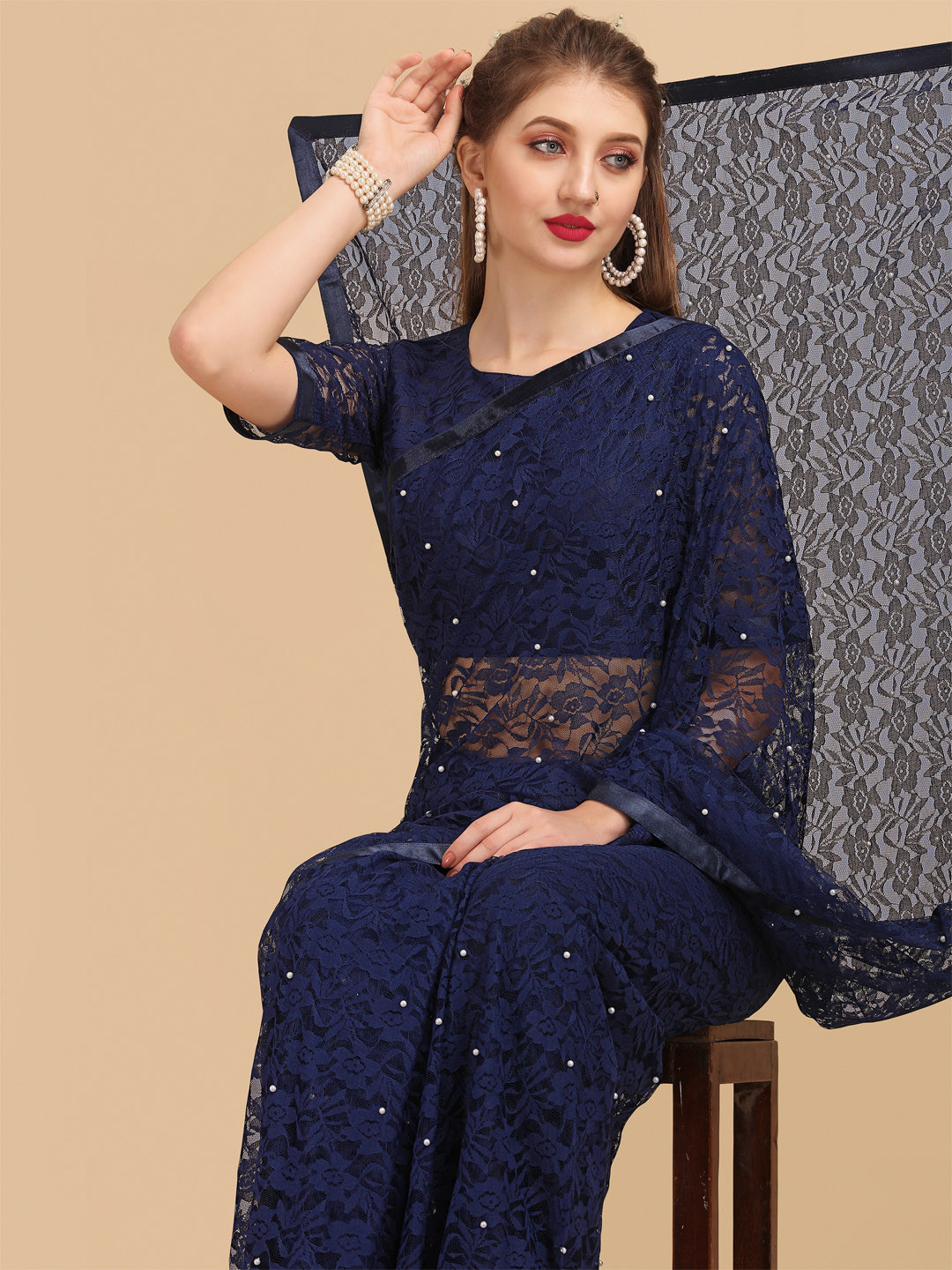 Sangria Navy Blue Embellished Beads and Stones Lace Saree