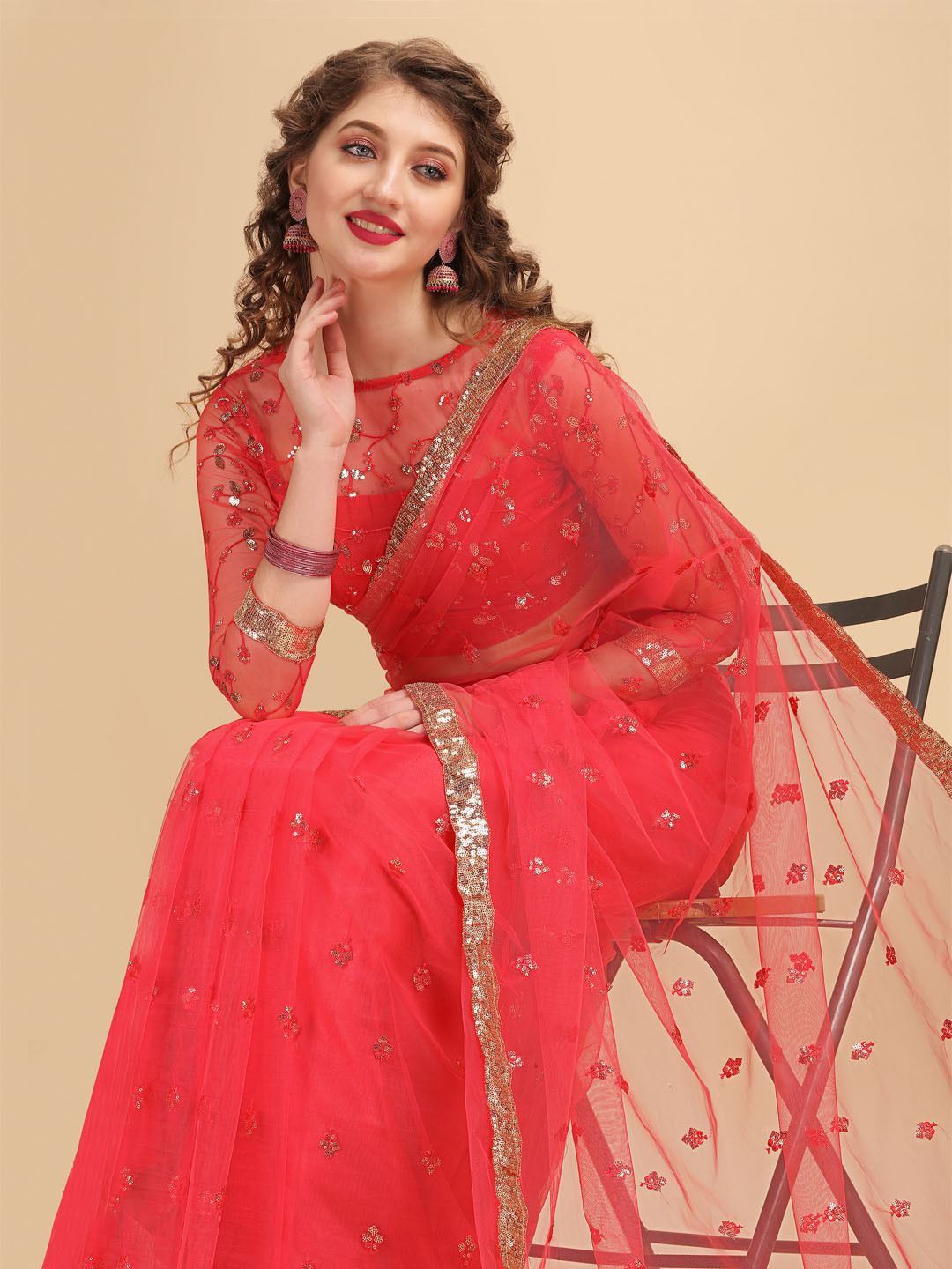 Sangria Rose & Silver-Toned Floral Sequinned Net Saree