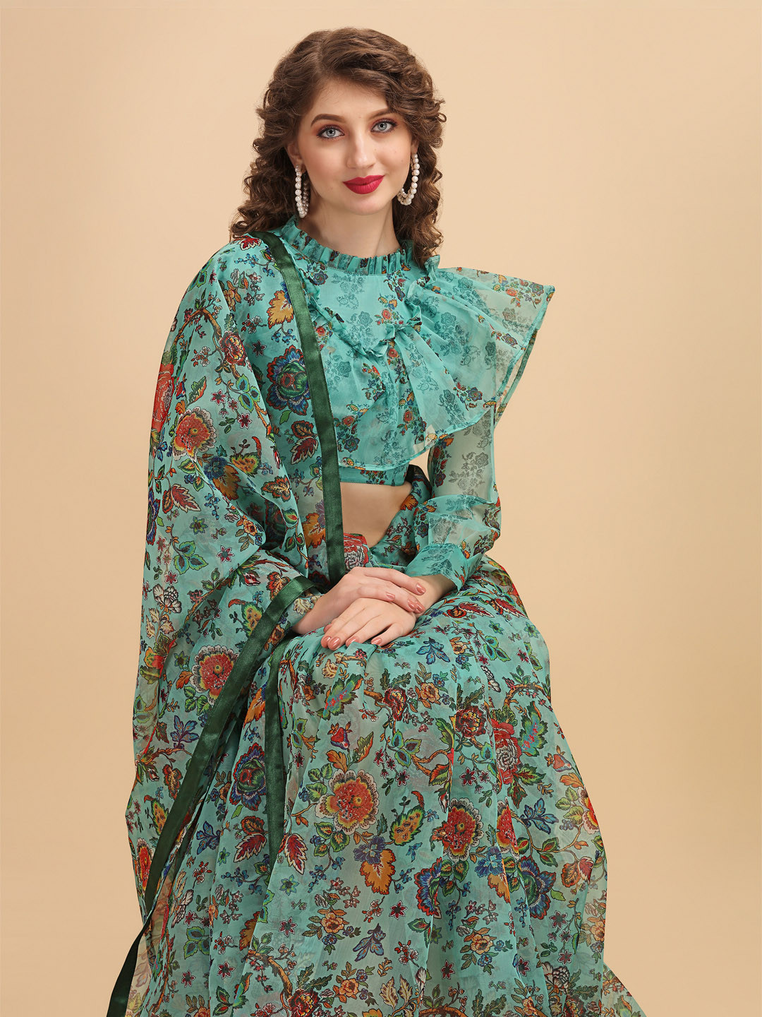 Sangria Sea Green & Red Floral Beads and Stones Organza Saree