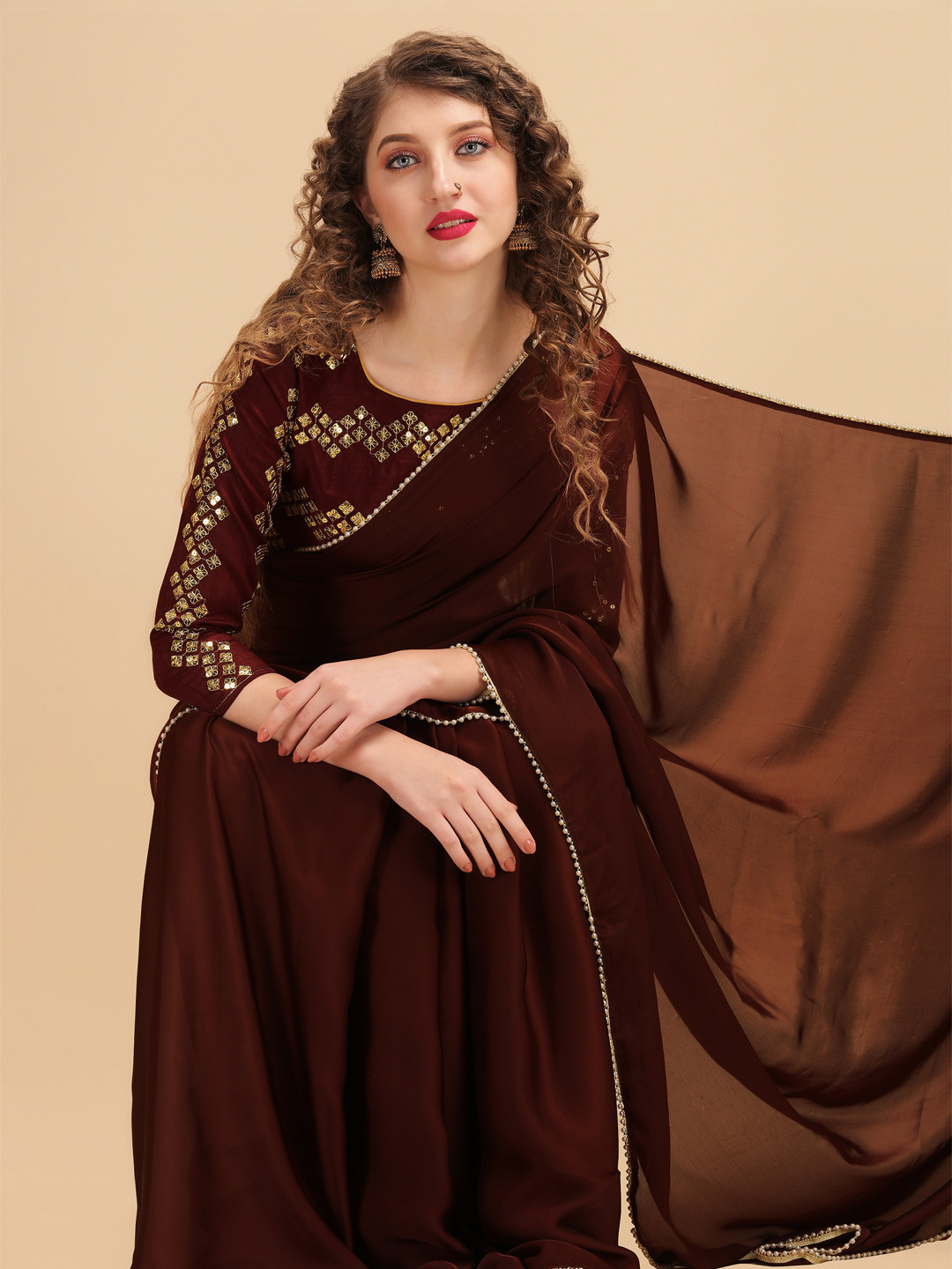 Sangria Coffee Brown & Golden Embroidered Satin Saree