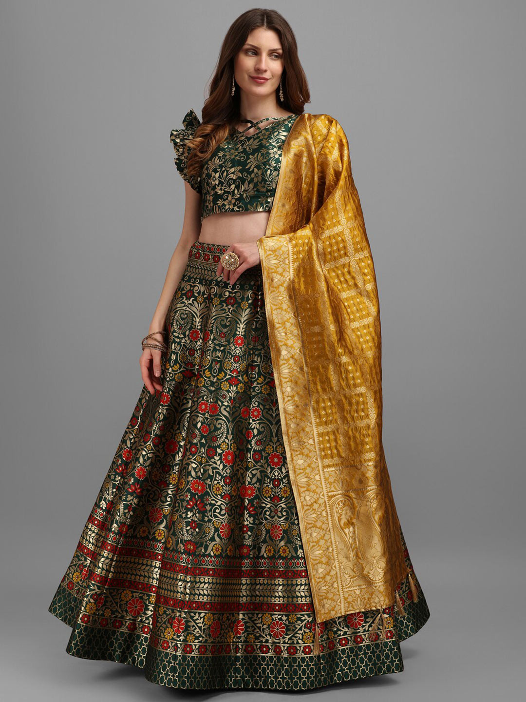 PURVAJA Green & Mustard Semi-Stitched Lehenga & Unstitched Blouse With Dupatta