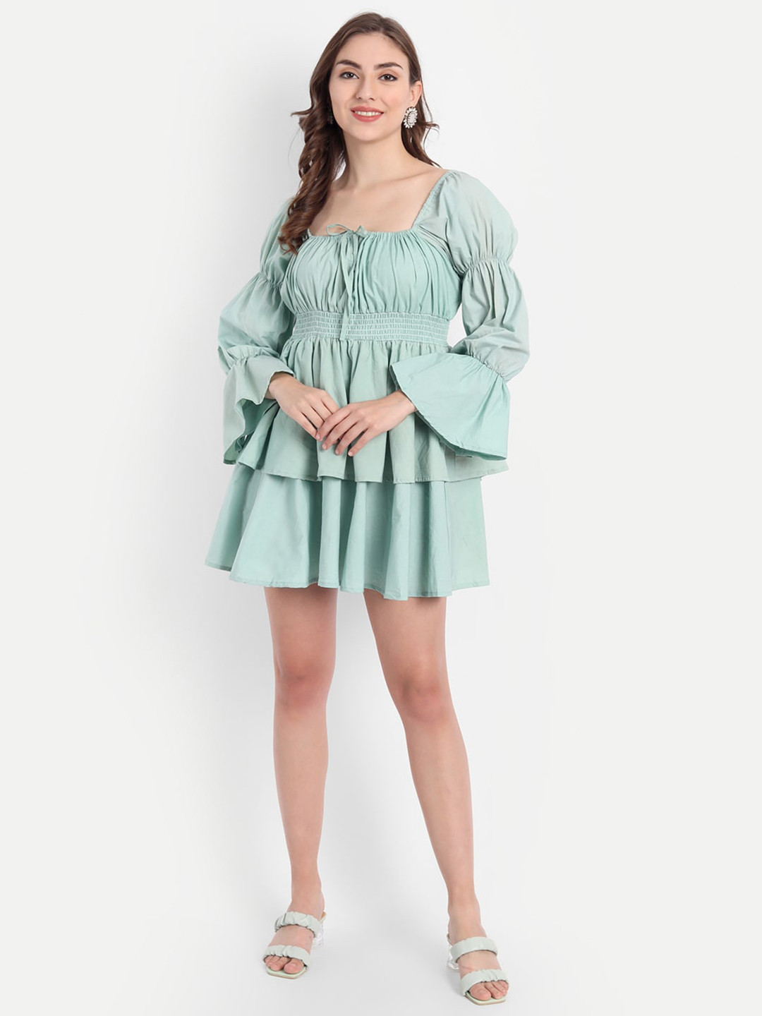 Emprall Green Tie-Up Neck Mini Dress