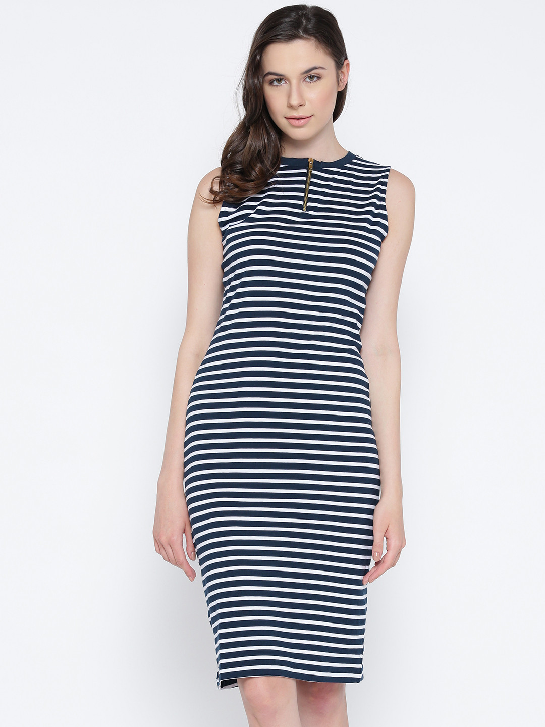 Miss Chase Women Navy & White Striped Sheath Dress