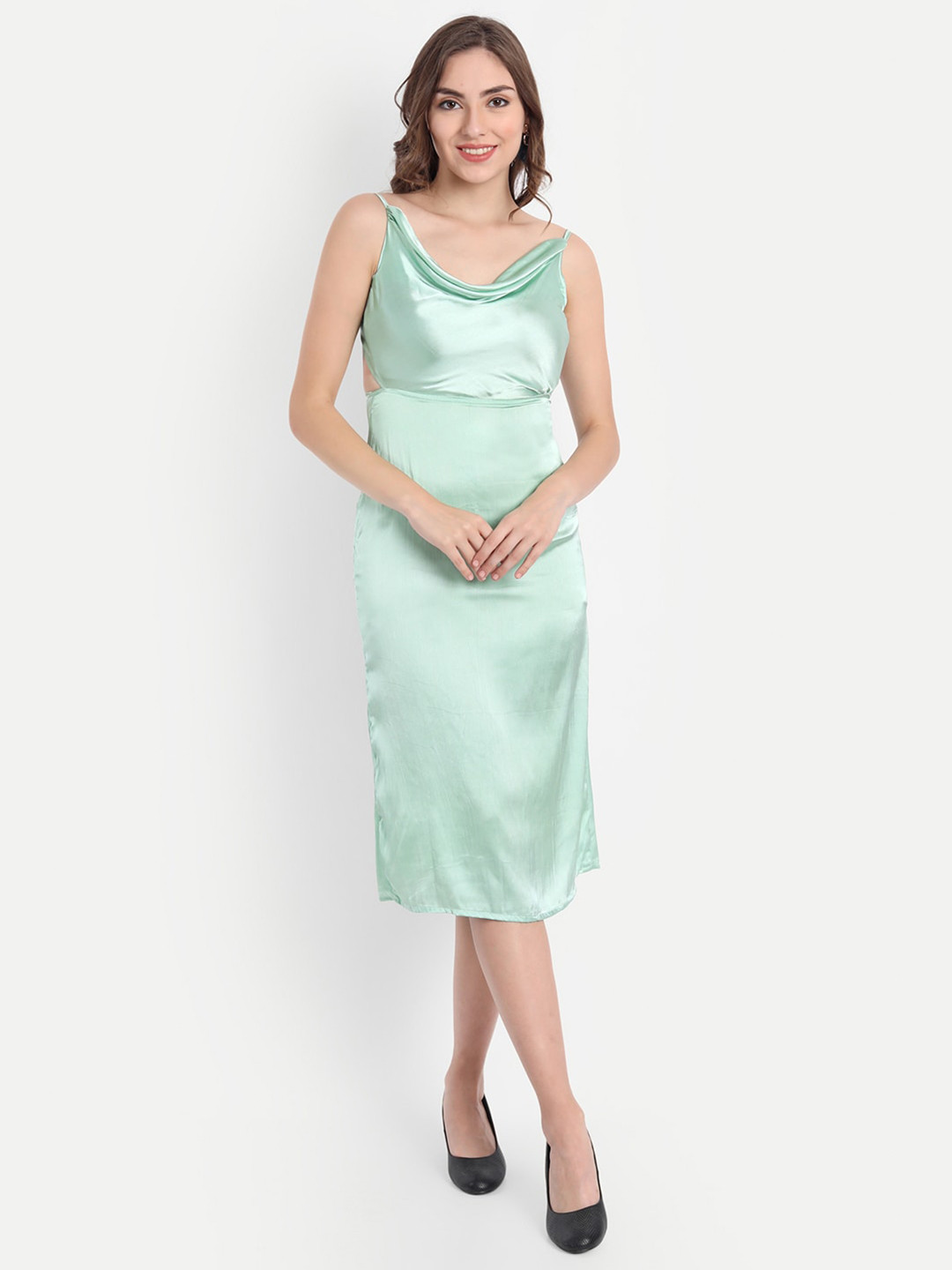 Emprall Green Cowl Neck Satin Sheath Dress