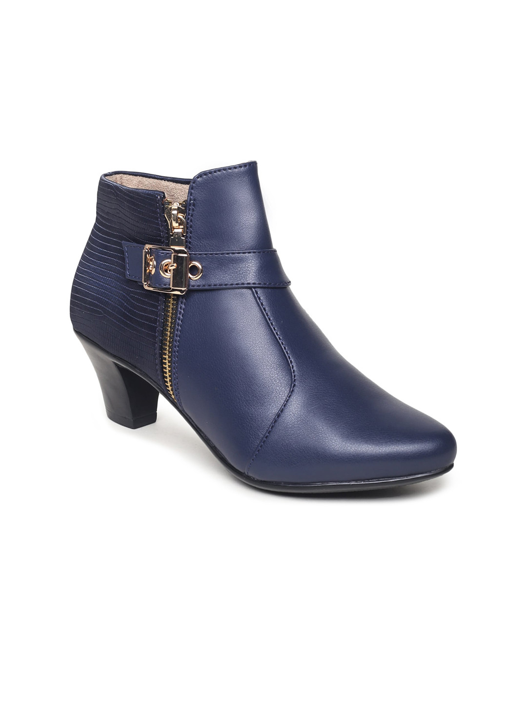 VALIOSAA Women Navy Blue Buckle Heeled Boots