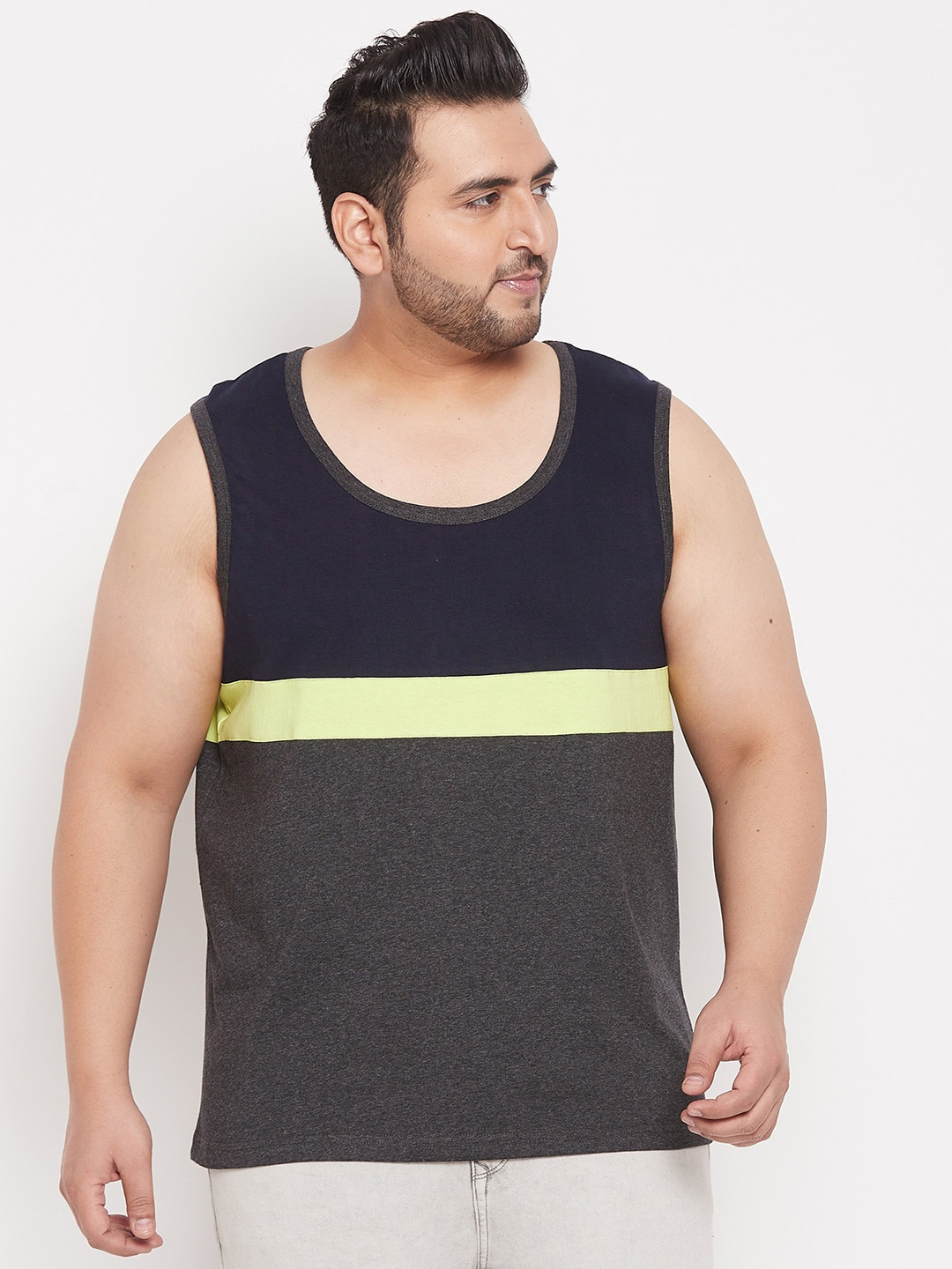 bigbanana Men Plus Size Grey & Navy Blue Striped Archer Innerwear Vest