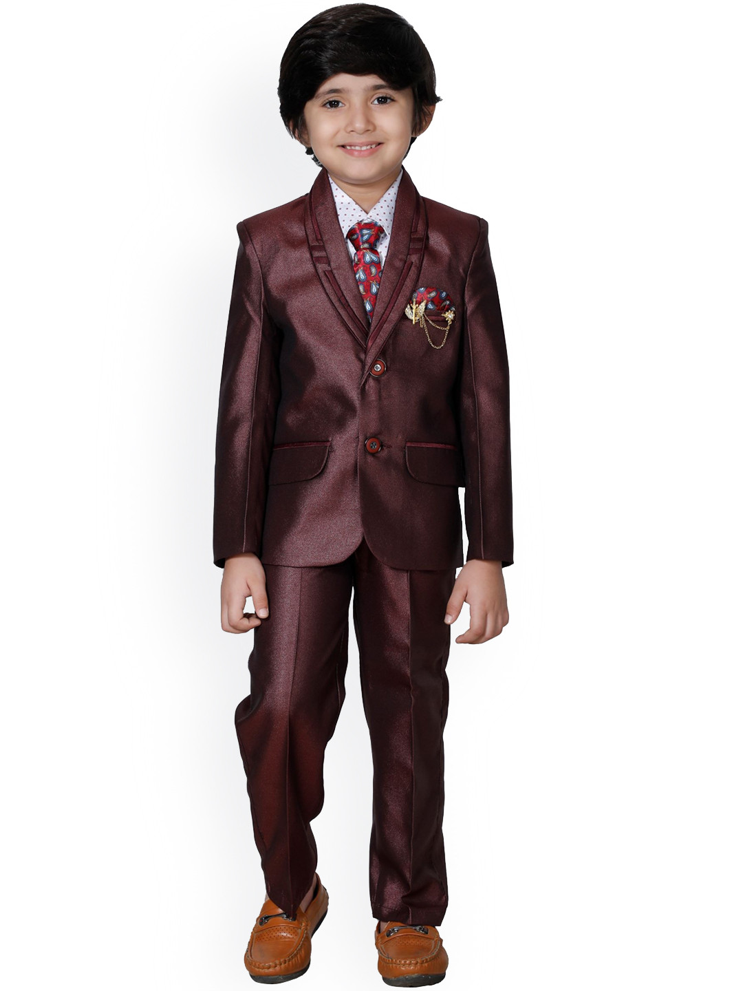 DKGF FASHION Boys Maroon Regular Fit 3-Piece Suit