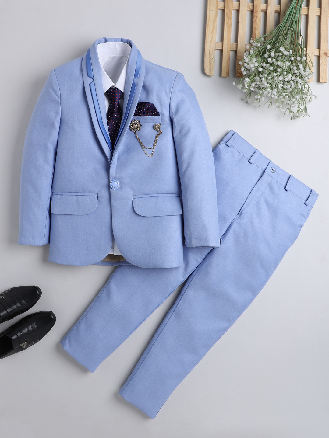 DKGF FASHION Boys Blue Single Breasted 4 Piece Suit