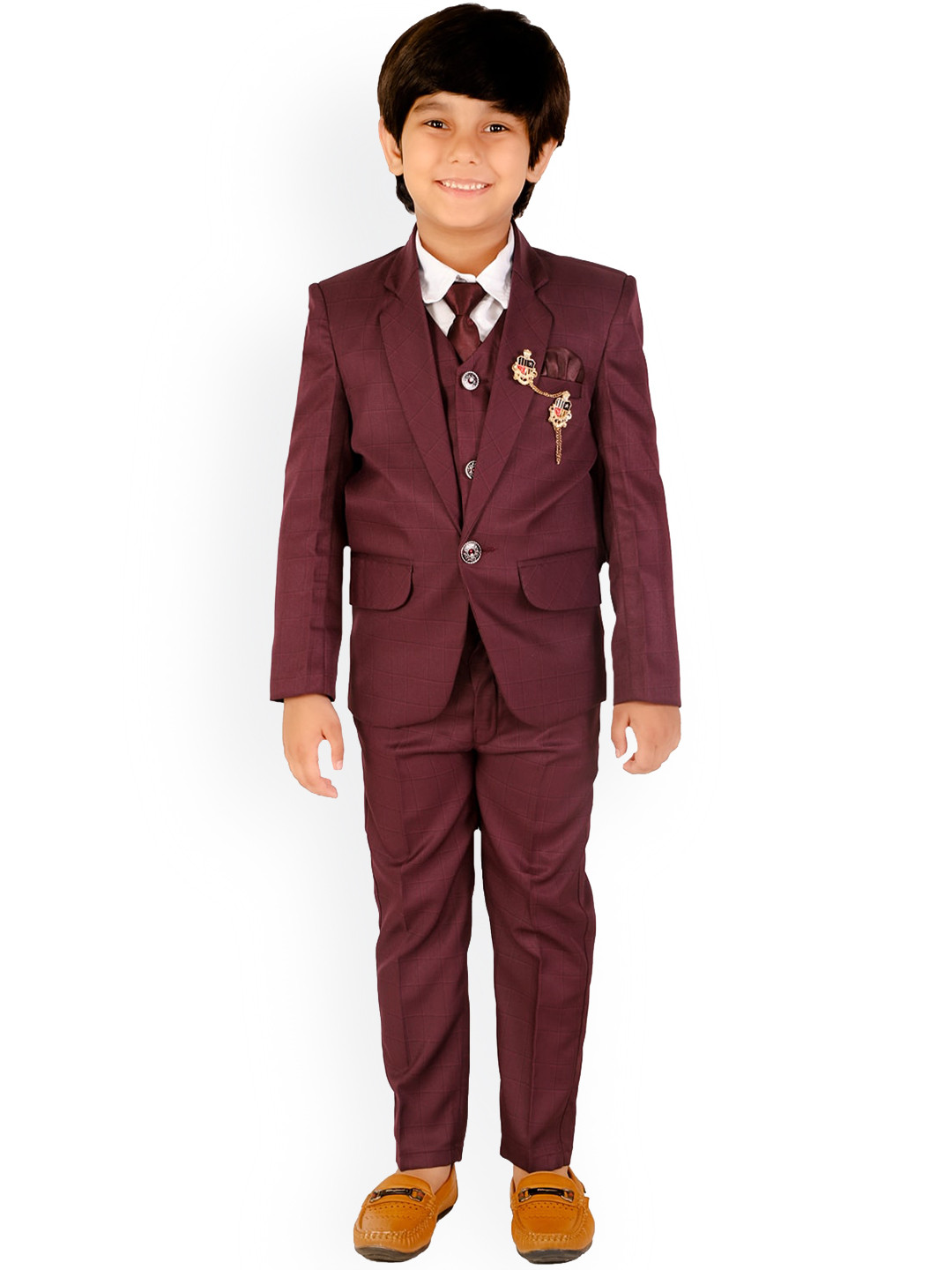 DKGF FASHION Boys 5 Piece Maroon Solid Party Suit