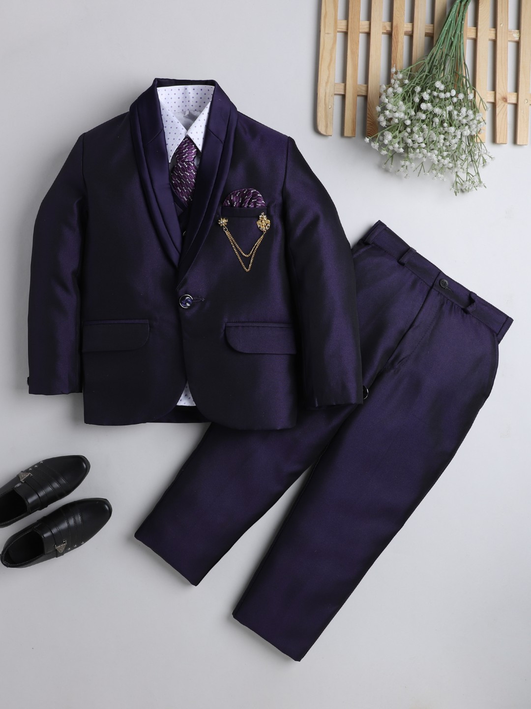 DKGF FASHION Boys Purple & White 5-Piece Solid Suit