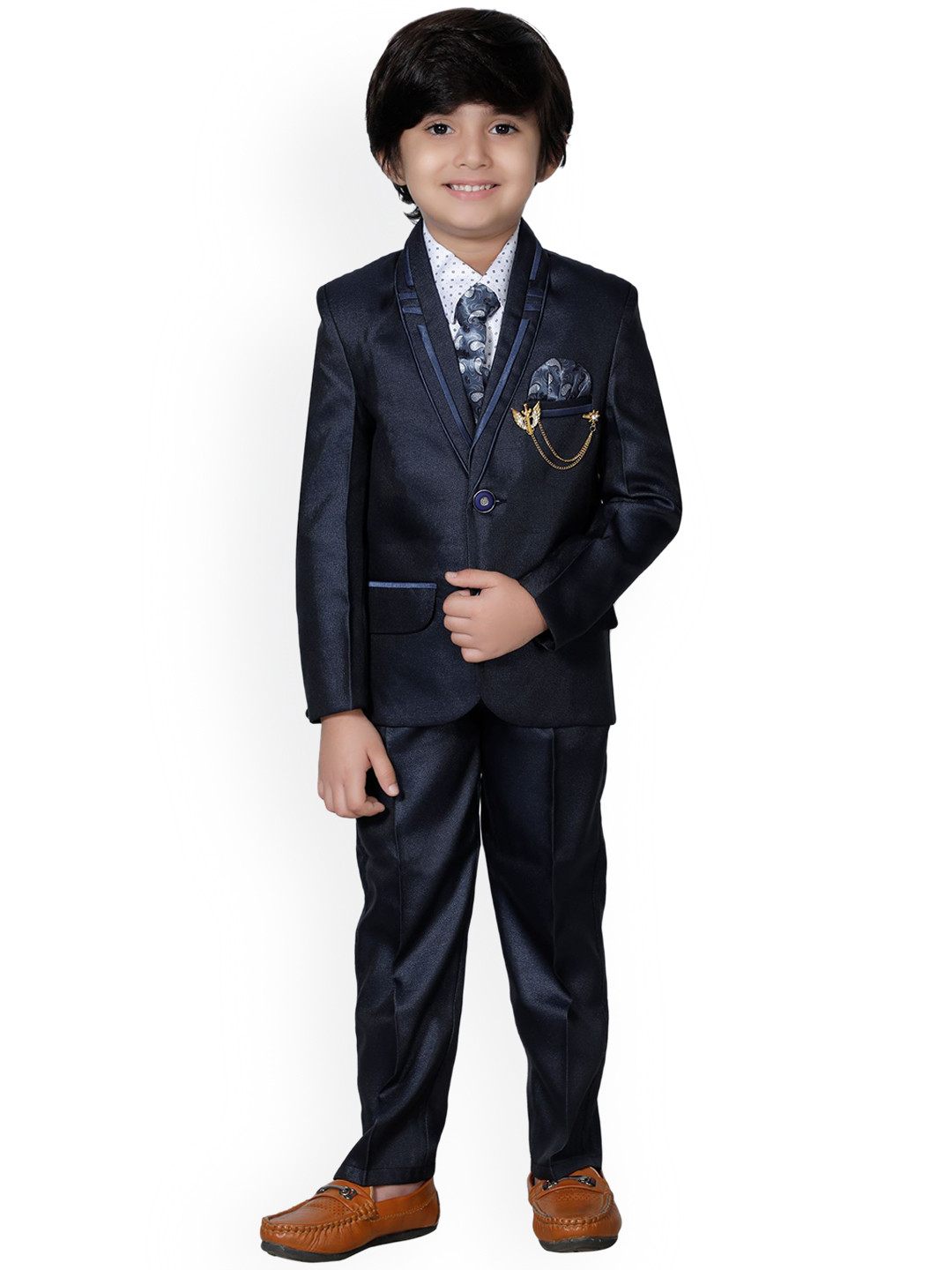 DKGF FASHION Boys Navy Blue Regular Fit 4-Piece Suit