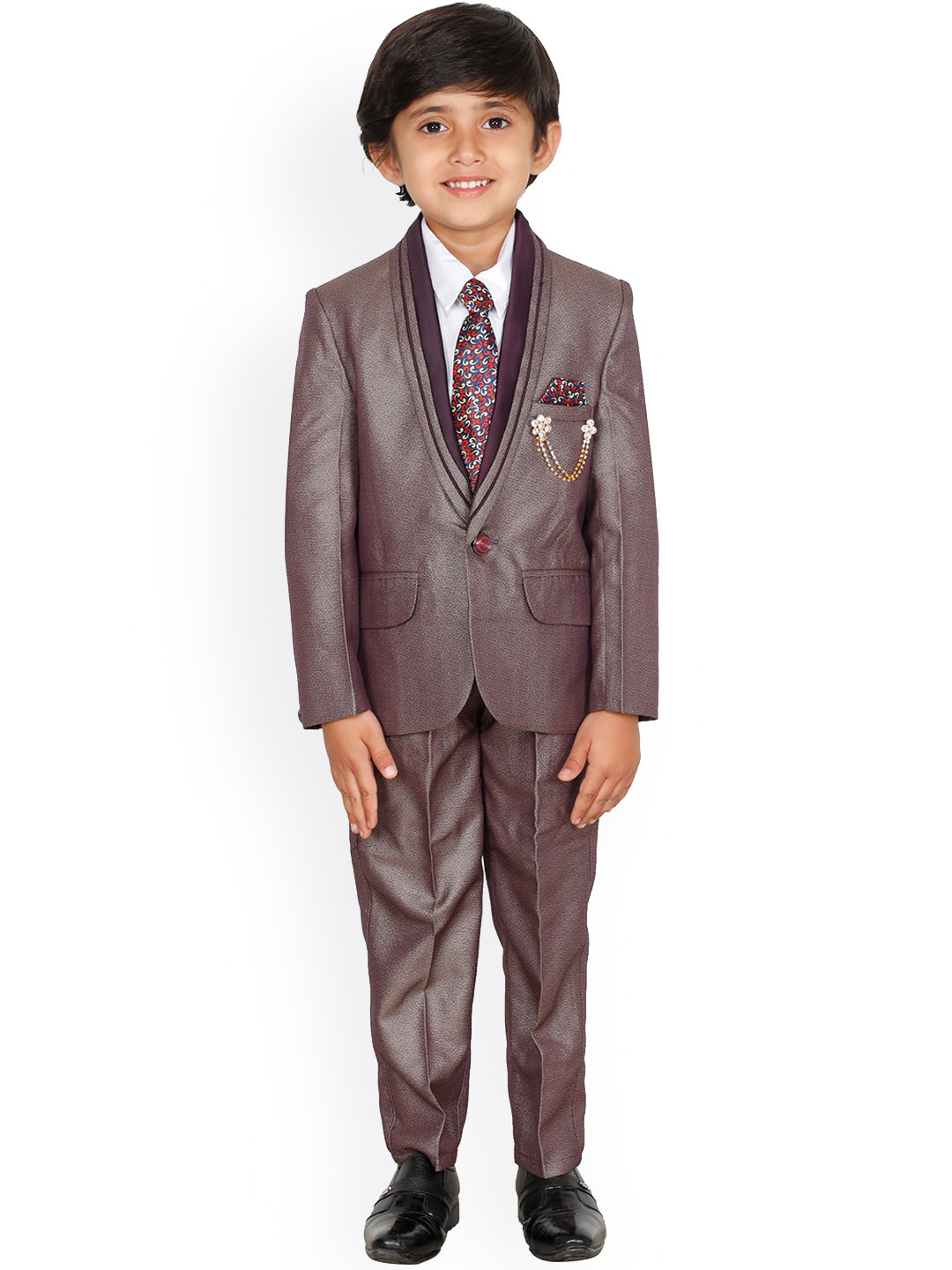 DKGF FASHION Kids Boys Wine Solid 4 Piece Suits