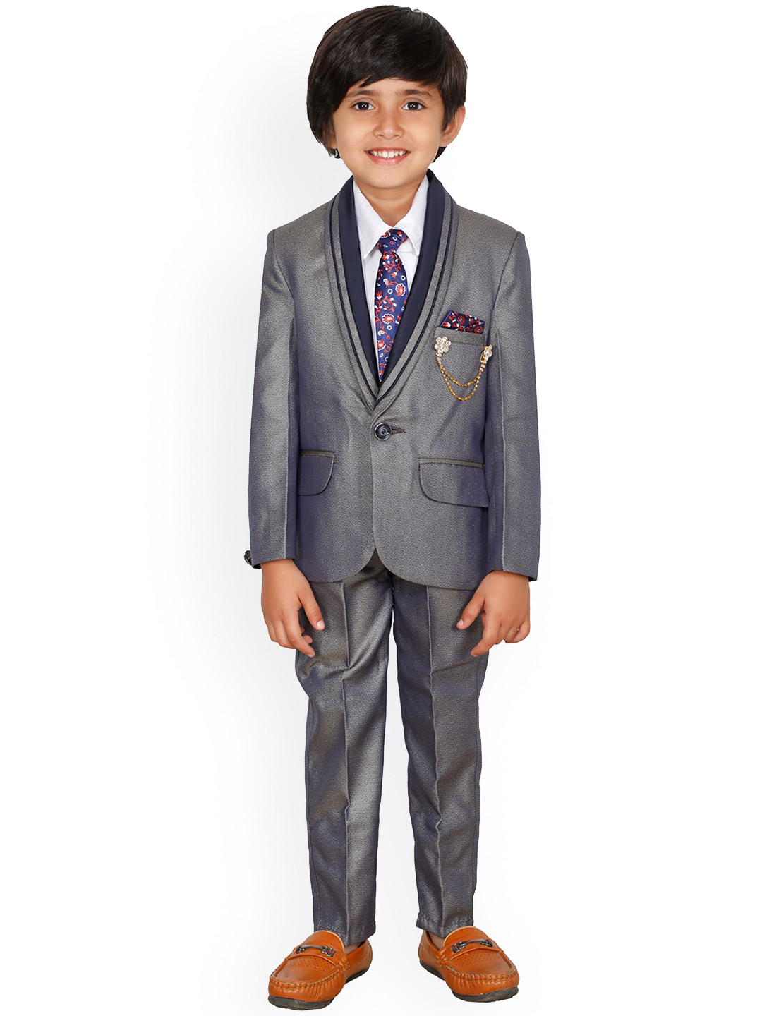 DKGF FASHION Boys Navy Blue & Grey Single-Breasted Suit