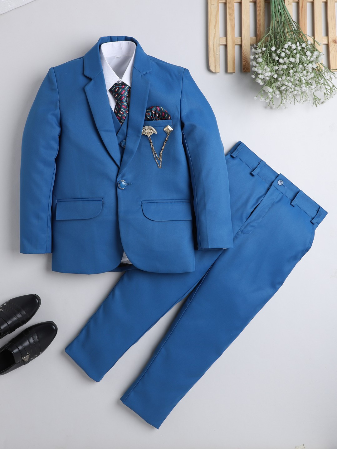 DKGF FASHION Boys 5 Piece Turquoise Blue Solid Party Suit