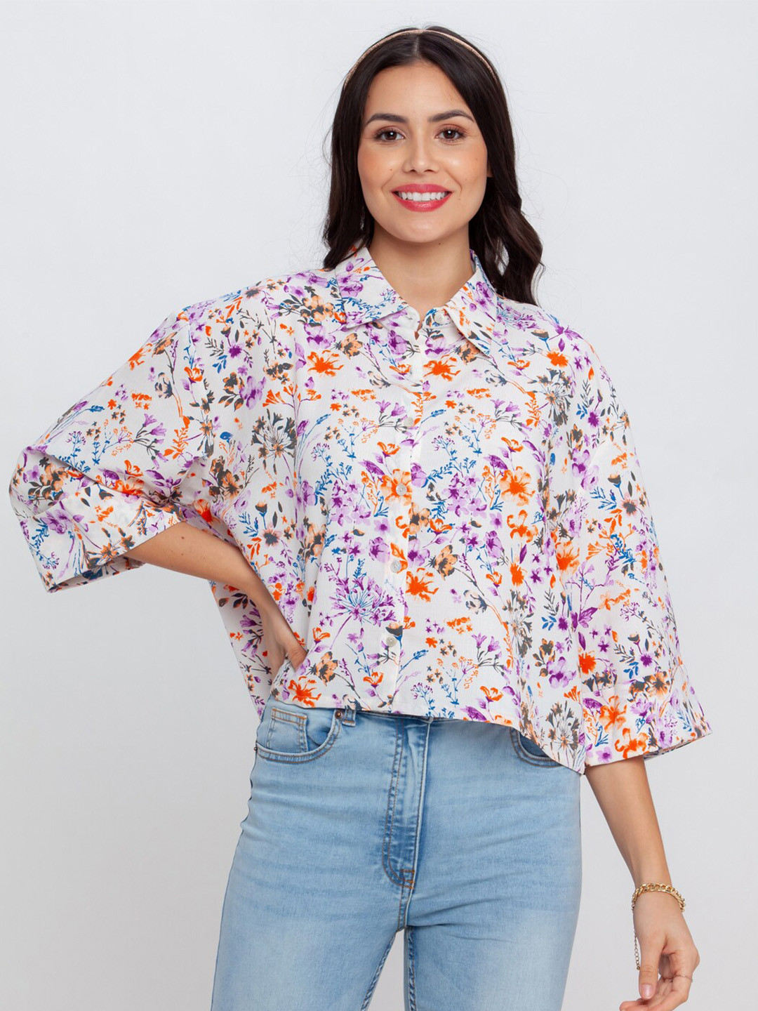 Zink London Women White Boxy Floral Printed Casual Shirt