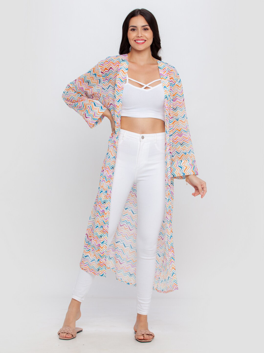 Zink London Women Off-White & Yellow Chevron Printed Longline Shrug