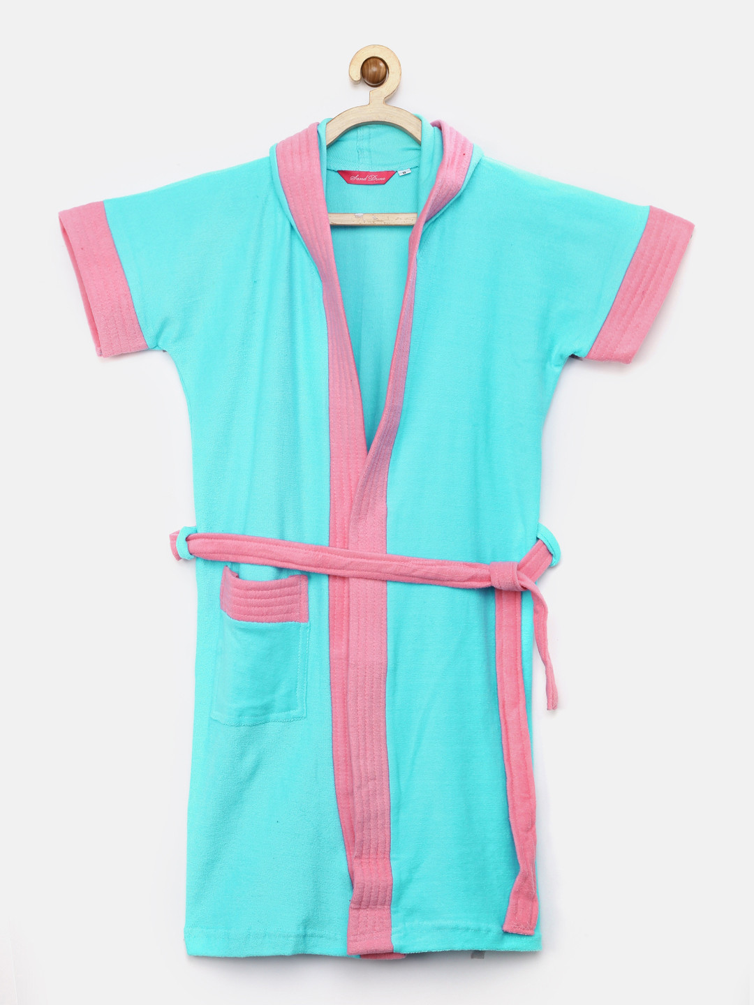 Sand Dune Blue Solid Cotton Drawstring Knee Length Bath Robe-12Y
