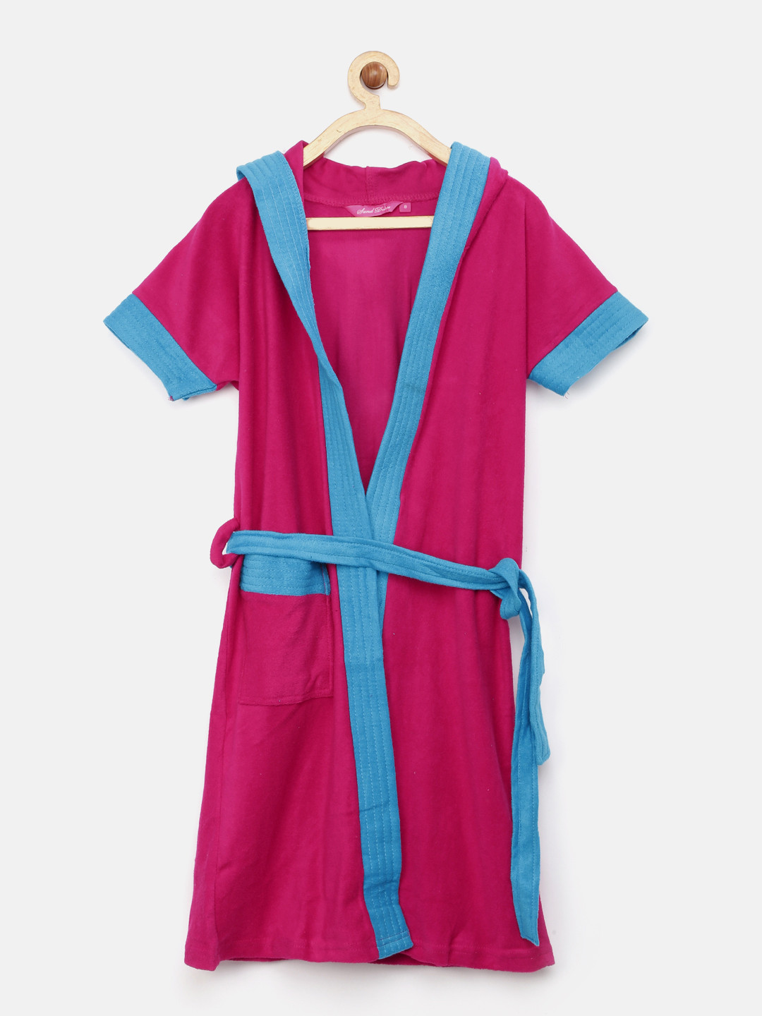 Sand Dune Magenta Solid Cotton Drawstring Knee Length Bath Robe-12Y
