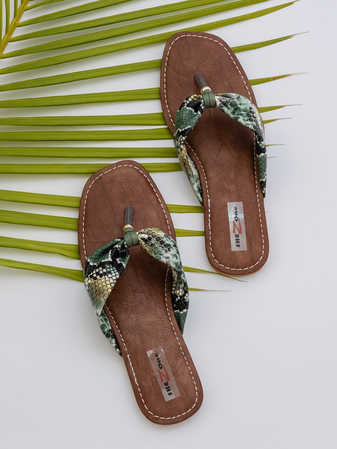 Shezone Women Green Embellished Open Toe Flats with Bows