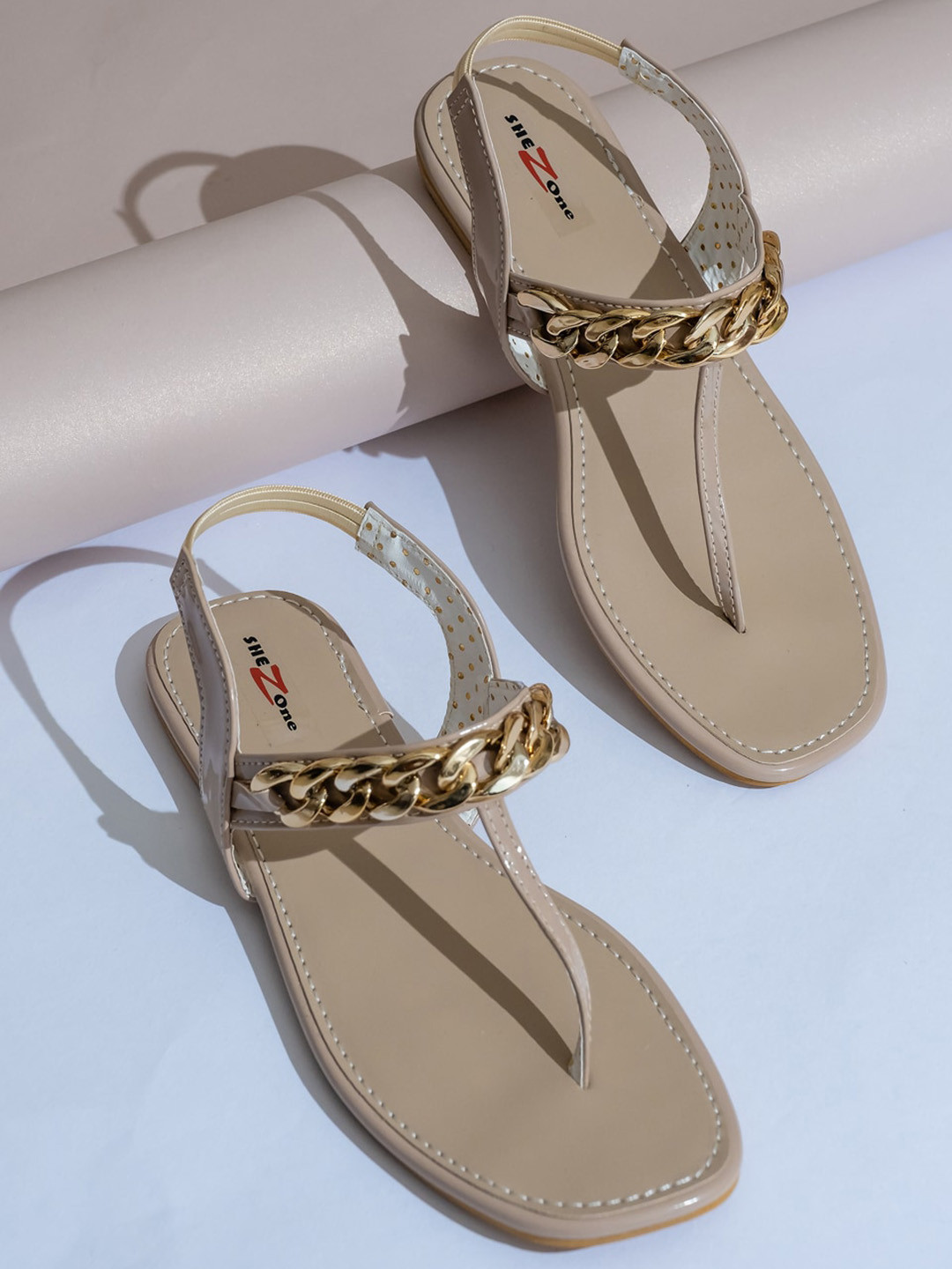 Shezone Women Cream-Coloured Embellished T-Strap Flats