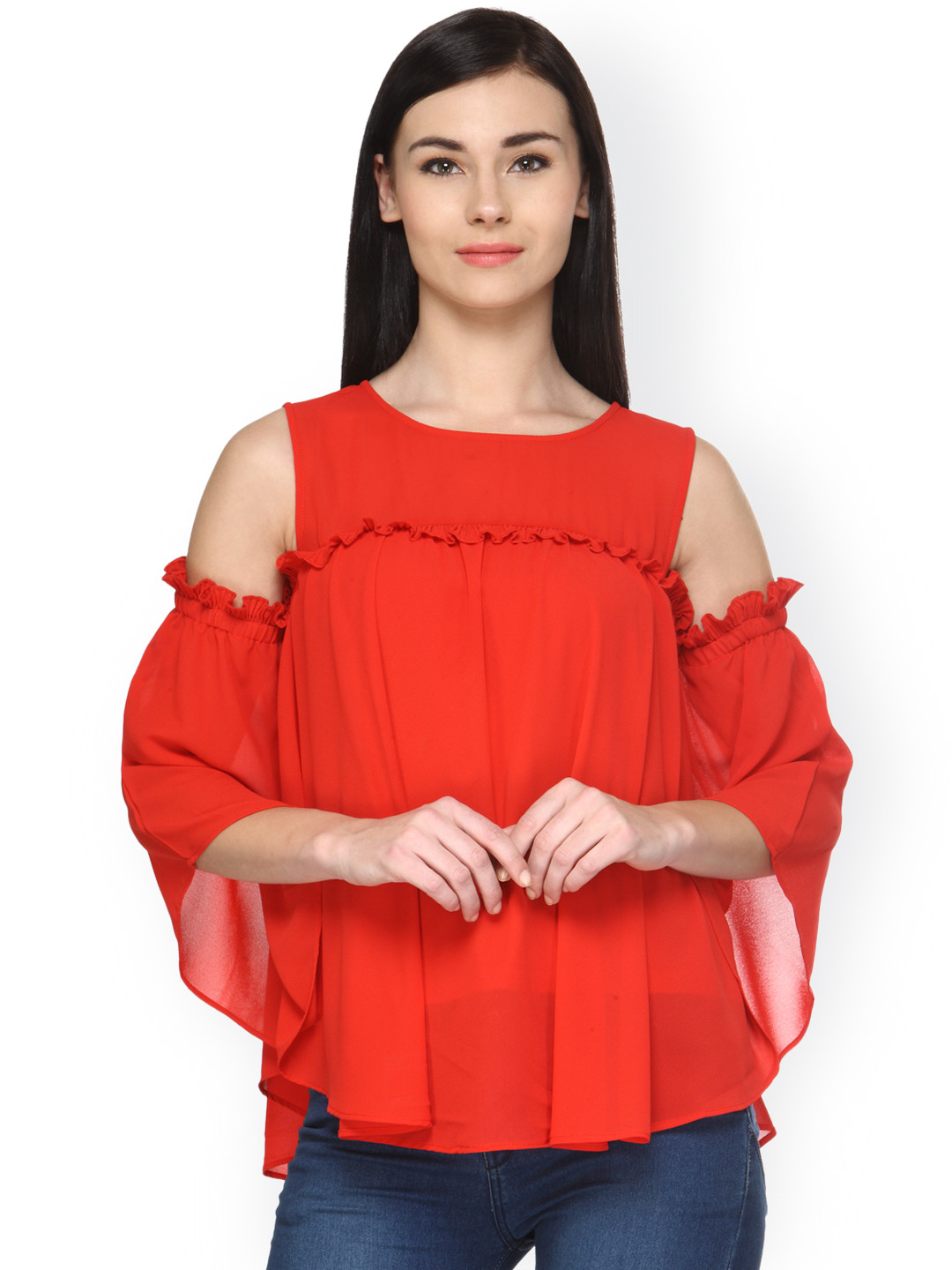 Gipsy Women Red Cold Shoulder Semi-Sheer Top