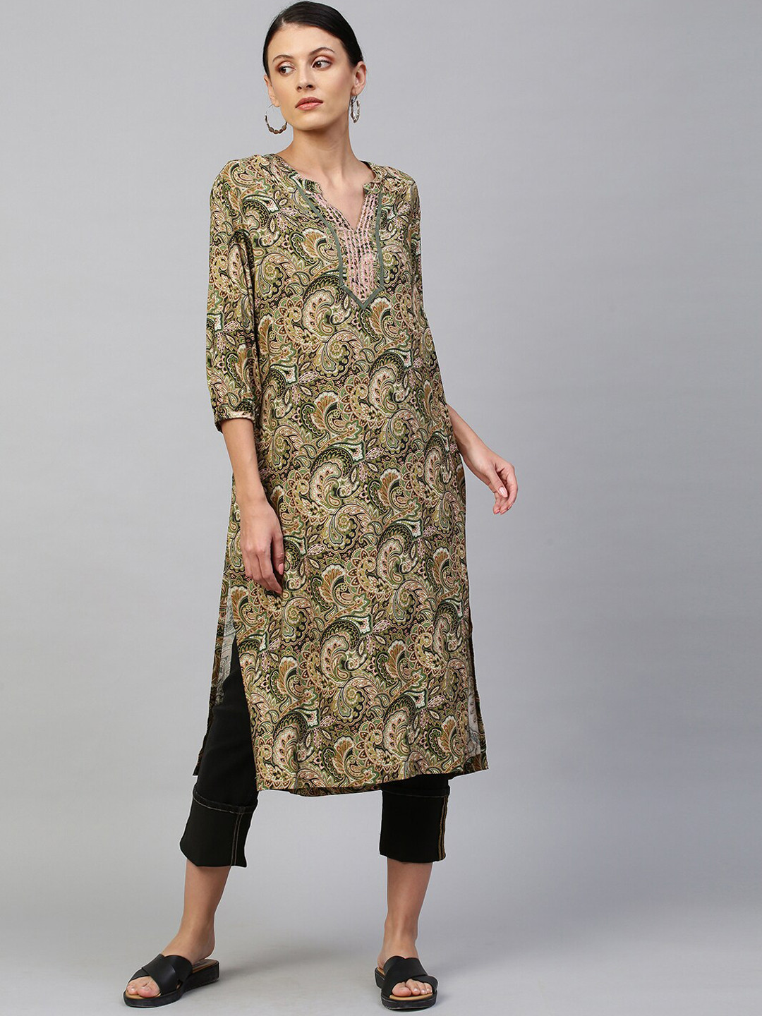 Modern Indian by CHEMISTRY Women Olive Green Paisley Yoke Design Flared Sleeves Anarkali Kurta