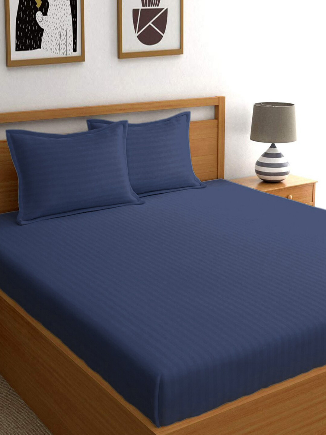 Kuber Industries Lining Design Blue Striped Cotton 144 TC Queen Bedsheet with 2 Pillow Covers-100 x 90 inches