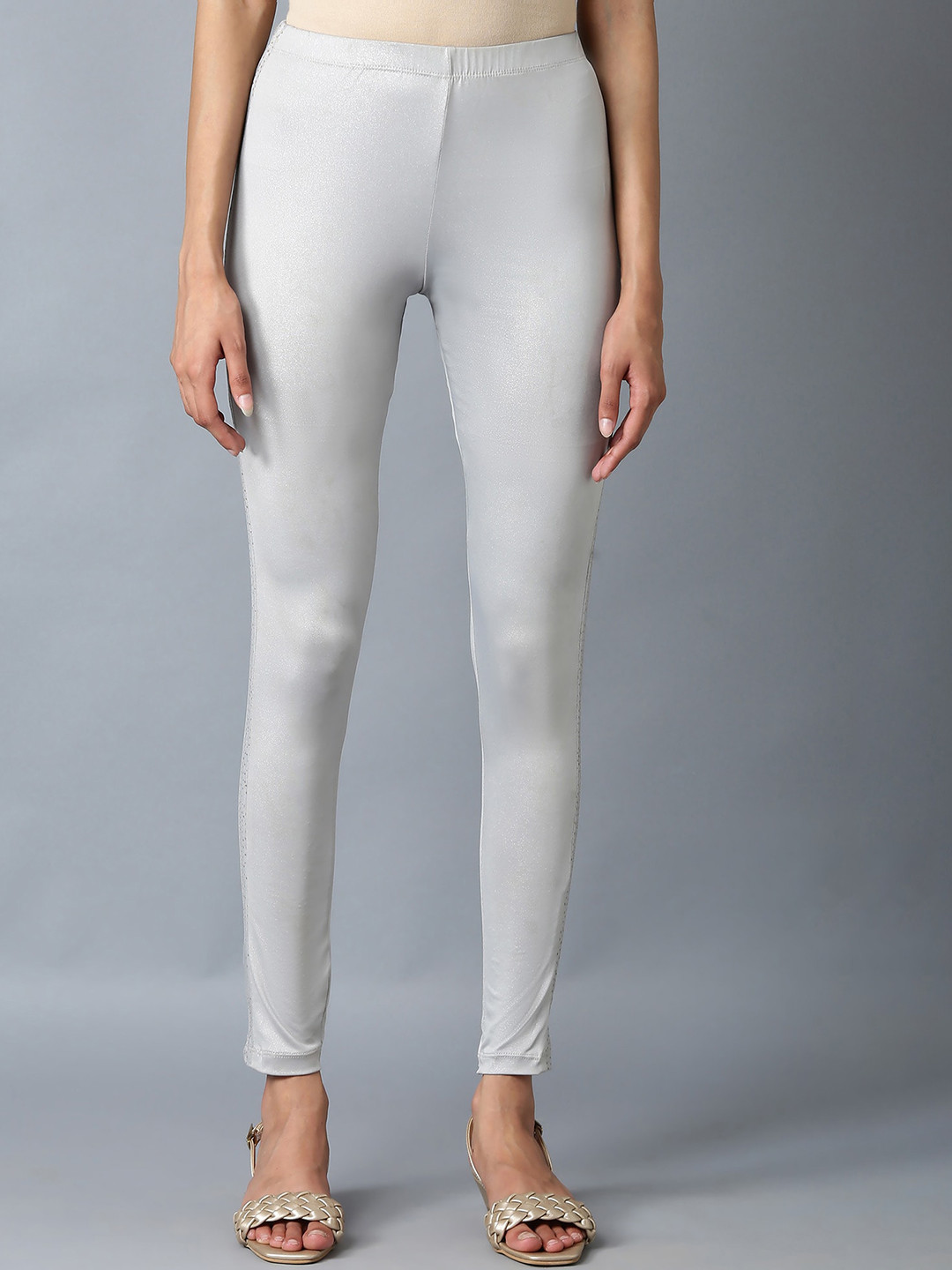 elleven Women Silver-toned Solid Ankle Length Leggings