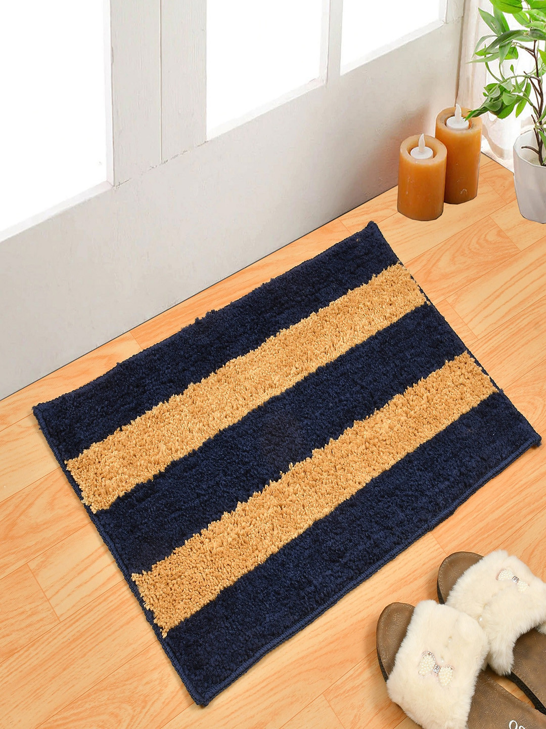 Homefab India Set of 2 Navy Blue & Brown Striped 1000 GSM Bath Rugs