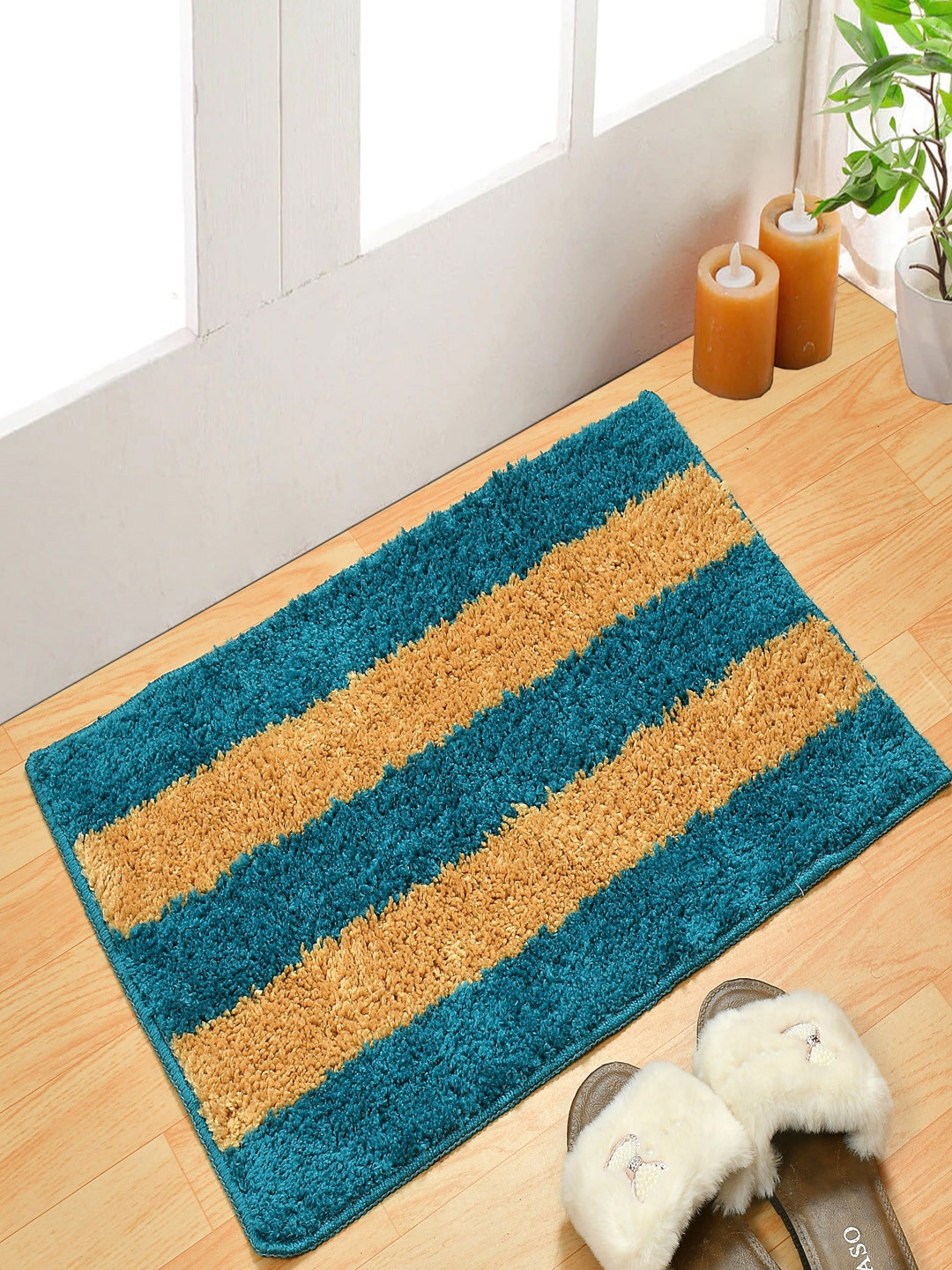 Homefab India Pack of 2 Turquoise Blue & beige Striped Water Absorbent Anti-Skid Bath Mat