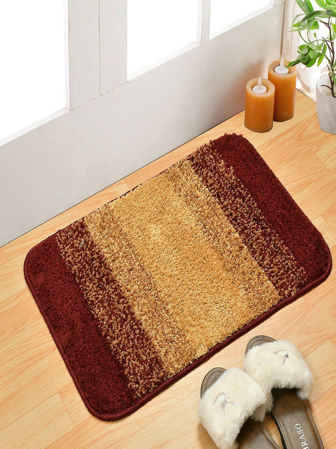 Homefab India Pack of 2 Beige & Maroon Striped Water Absorbent Anti-Skid Bath Mat