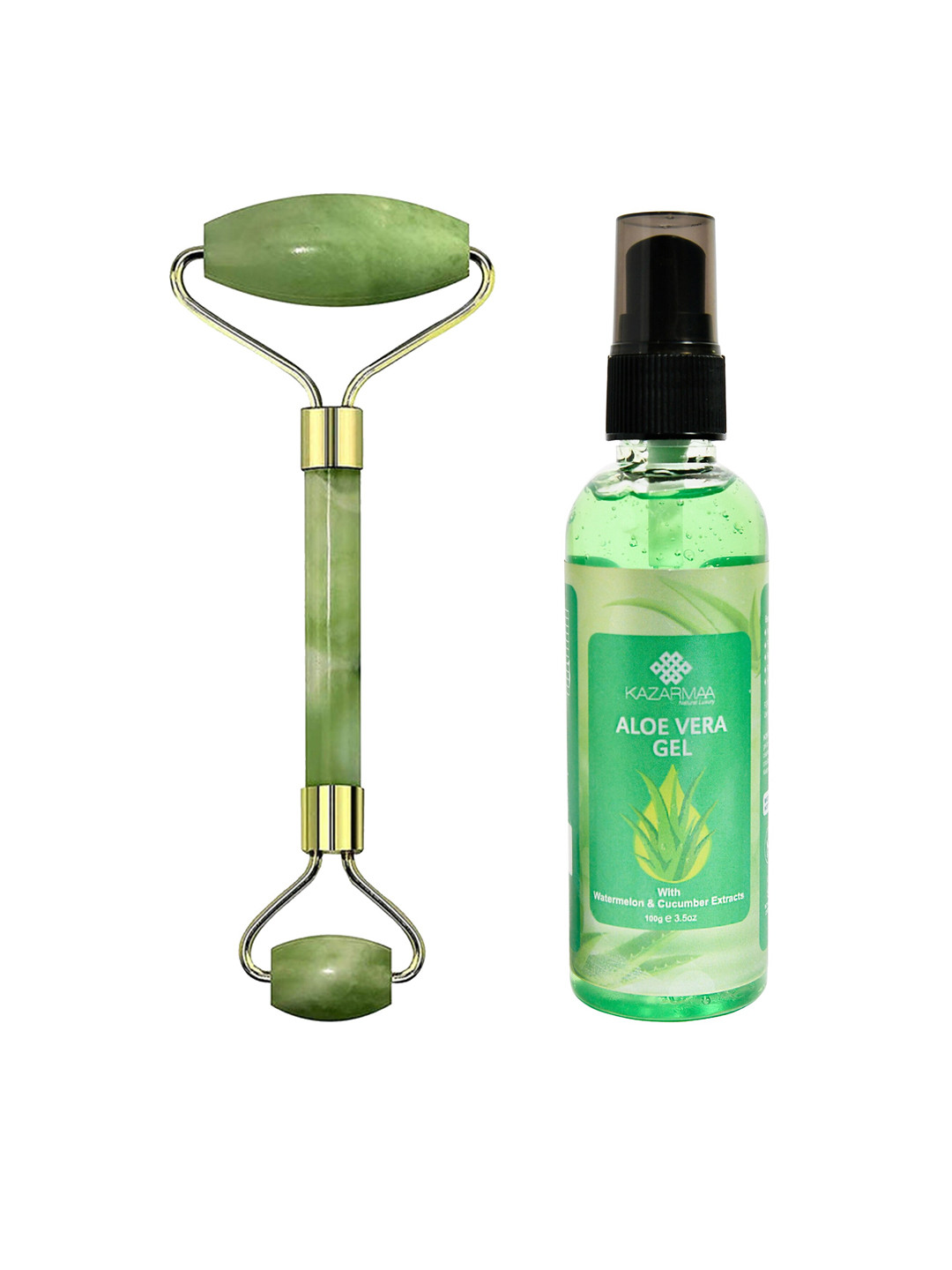 KAZARMAA Olive Green Jade Roller Face Massager & Anti Aging Aloe Vera Gel