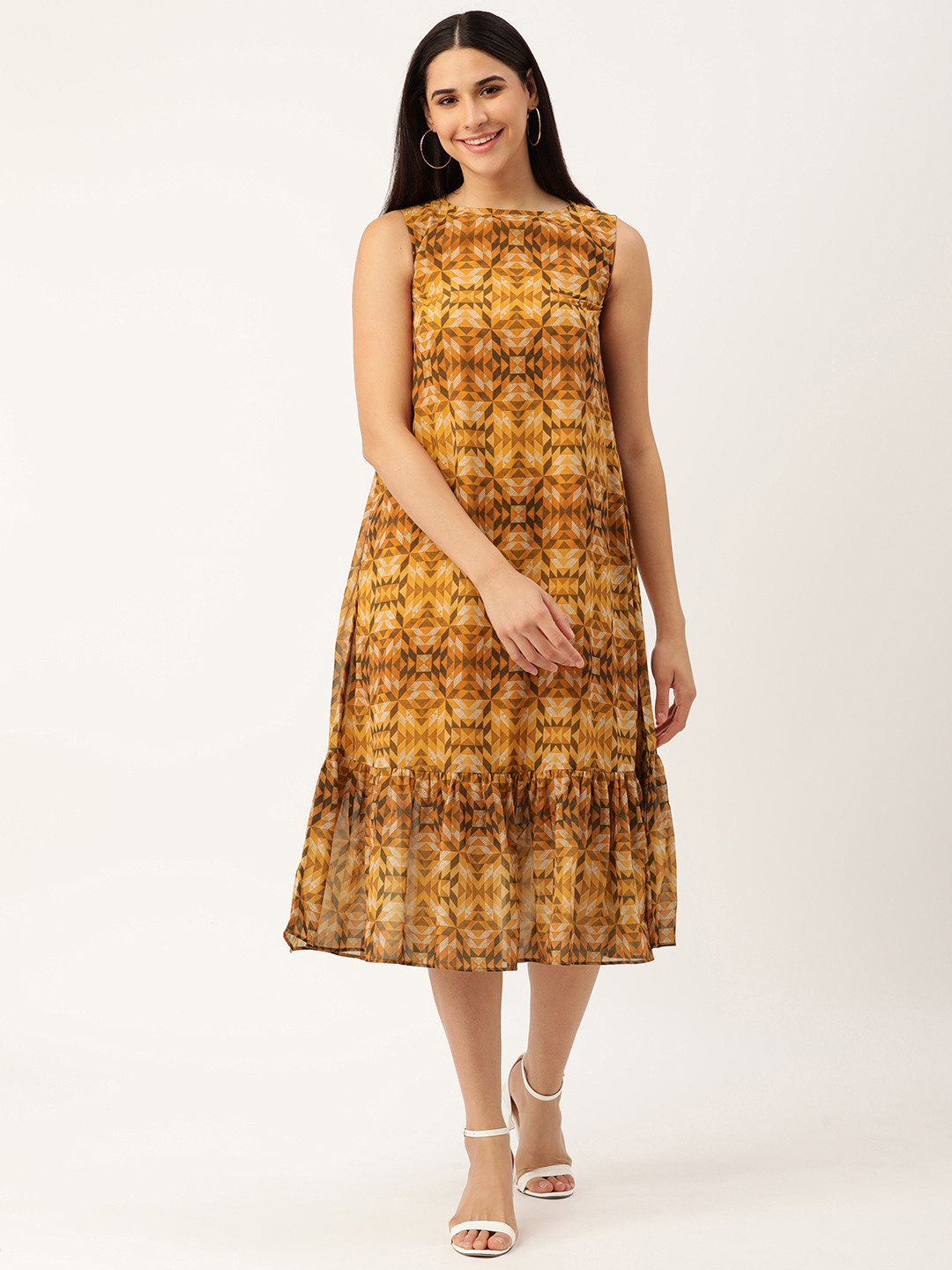 MELOSO Mustard Yellow & Black Geometric Print A-Line Midi Dress