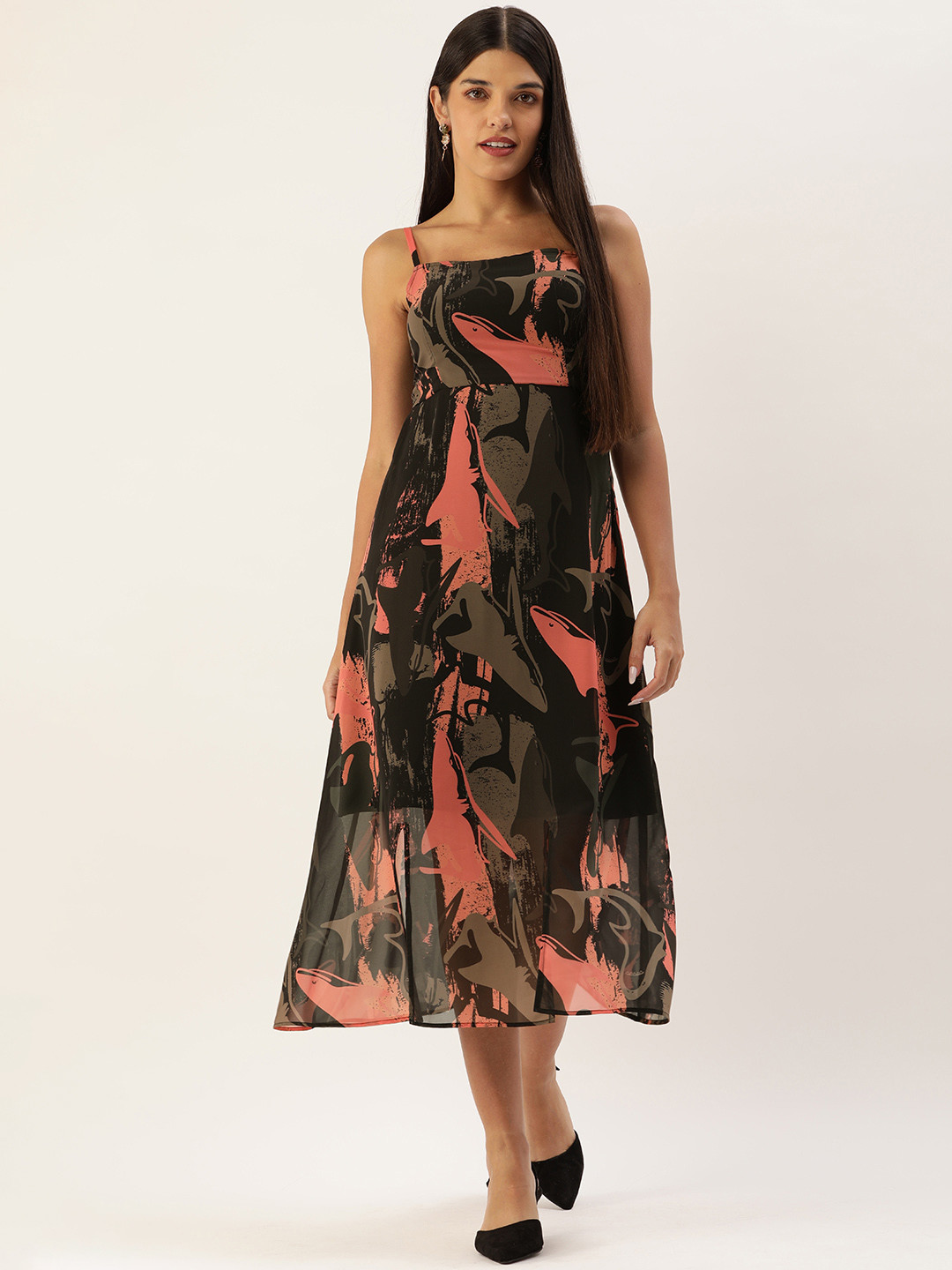 MELOSO Black & Orange Georgette A-Line Midi Dress