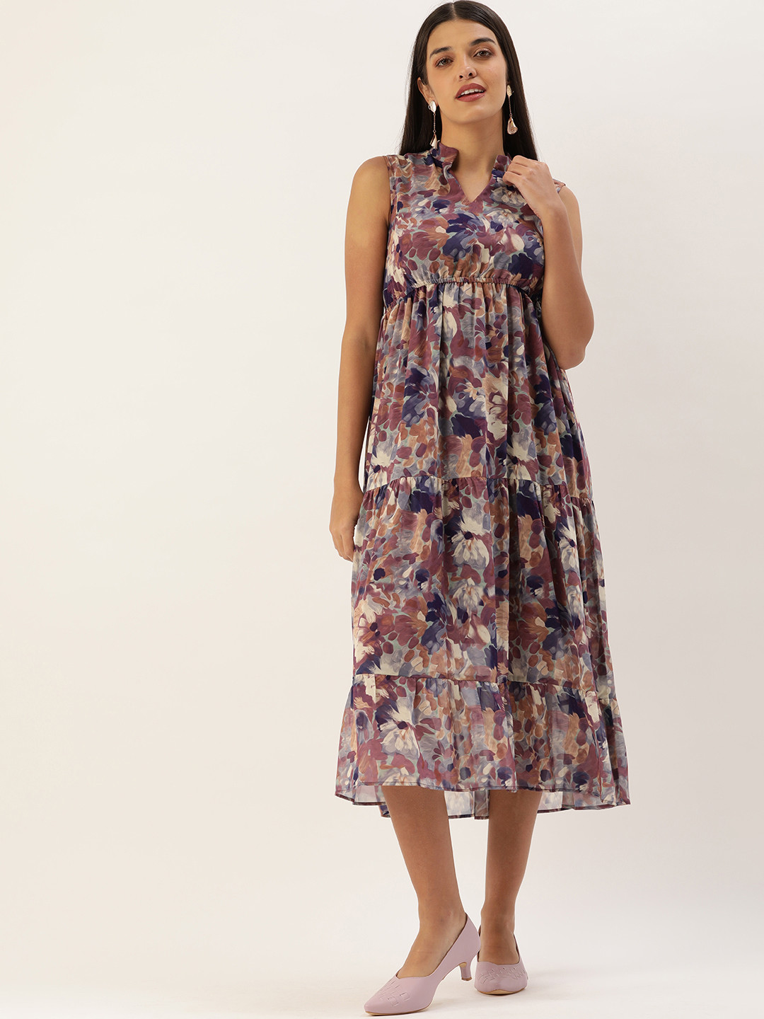 MELOSO Burgundy & Blue Georgette Midi Dress
