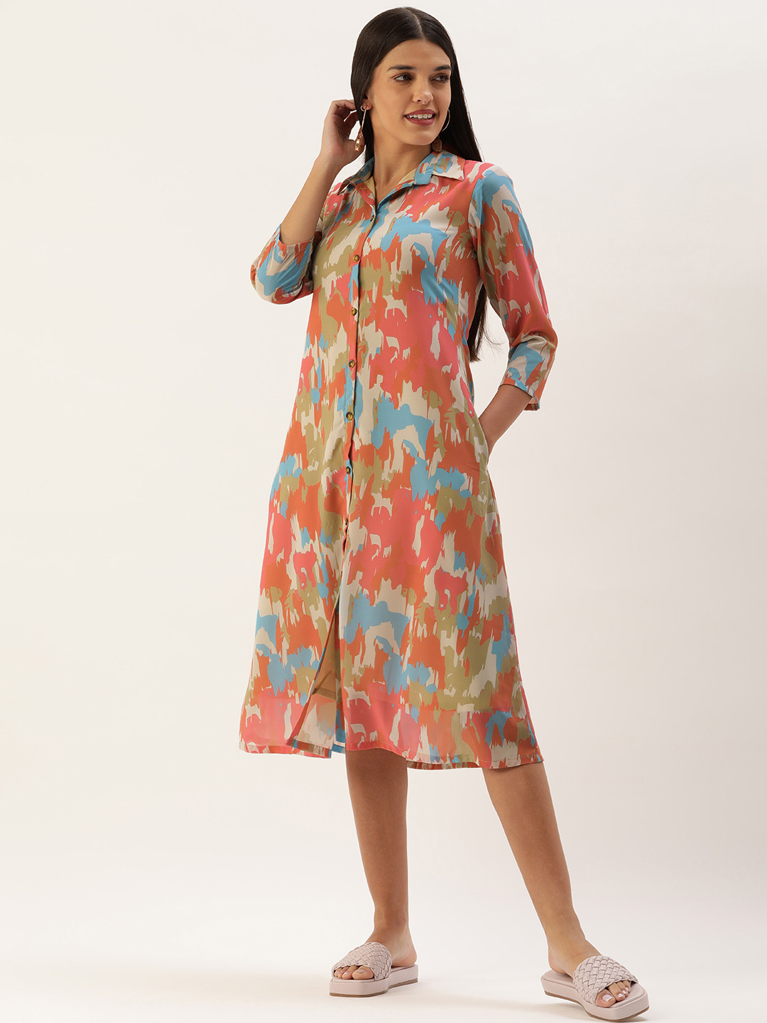 MELOSO Pink & White Abstract Print Shirt Midi Dress