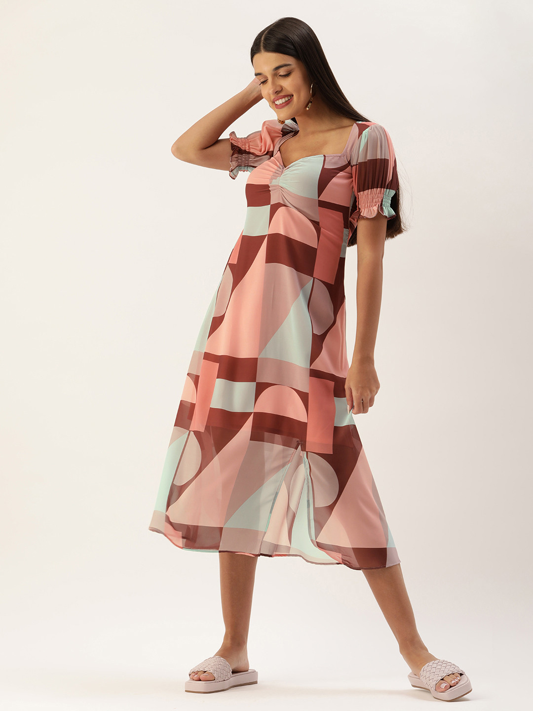 MELOSO Peach-Coloured & Brown Geometric Print A-Line Midi Dress