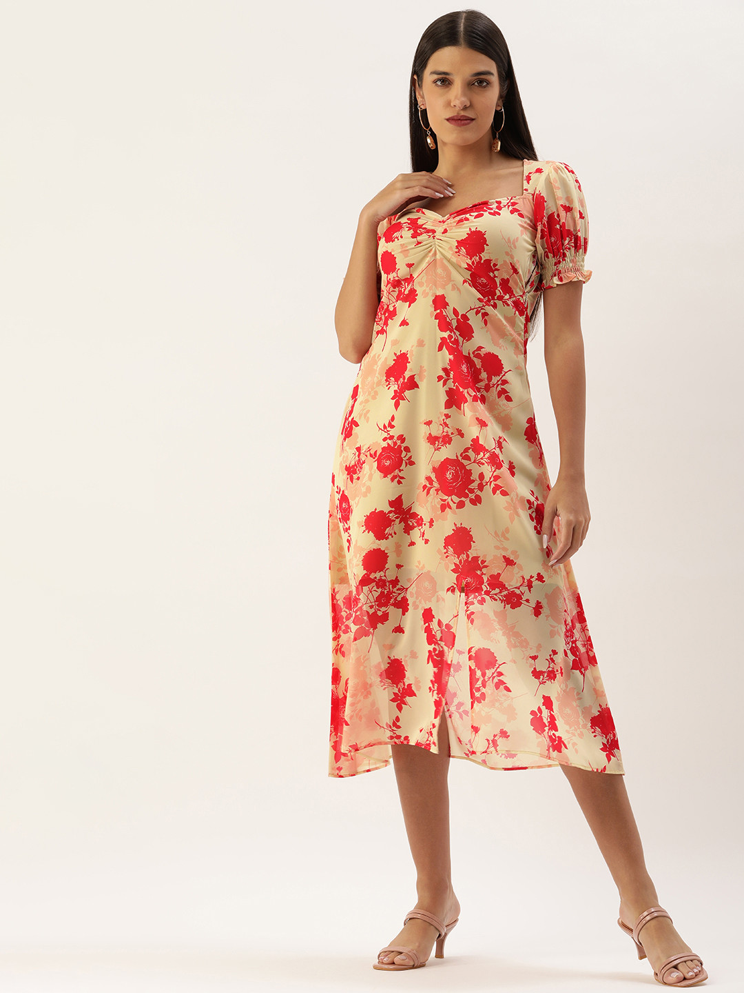 MELOSO Cream-Coloured & Red Floral A-Line Midi Dress