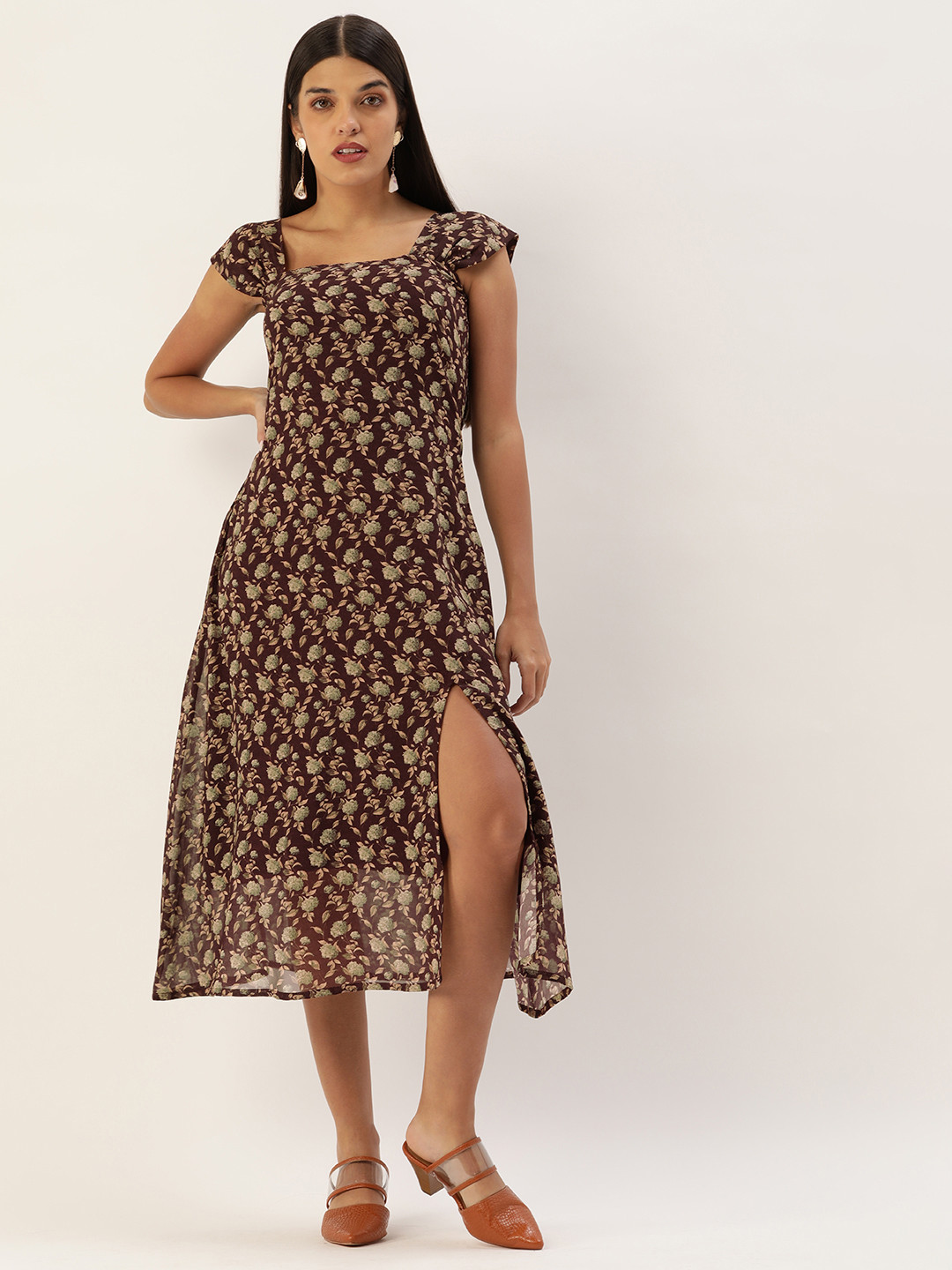 MELOSO Purple & Olive Green Floral Georgette A-Line Midi Dress