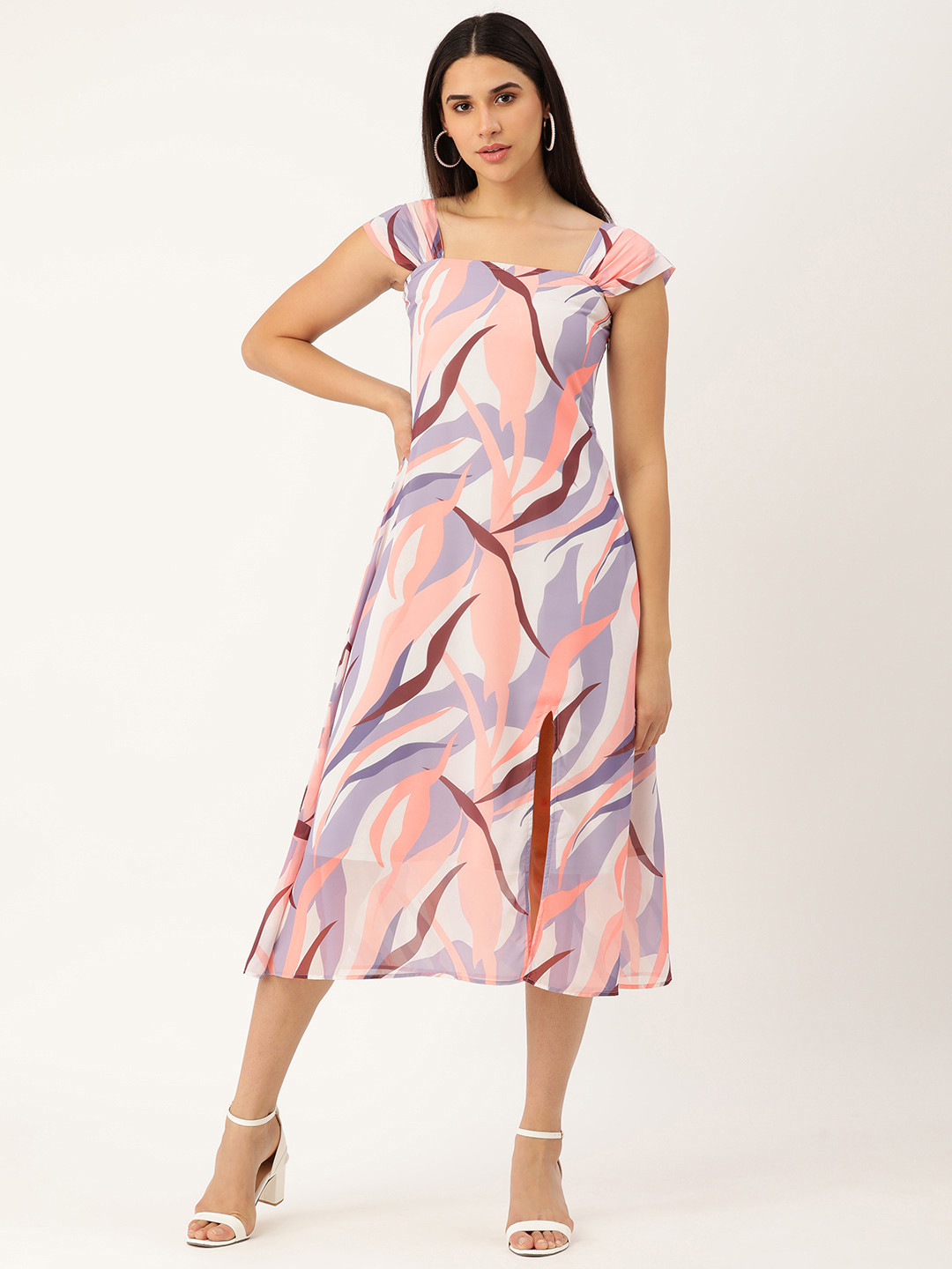 MELOSO White & Lavender Tropical Print A-Line Midi Dress