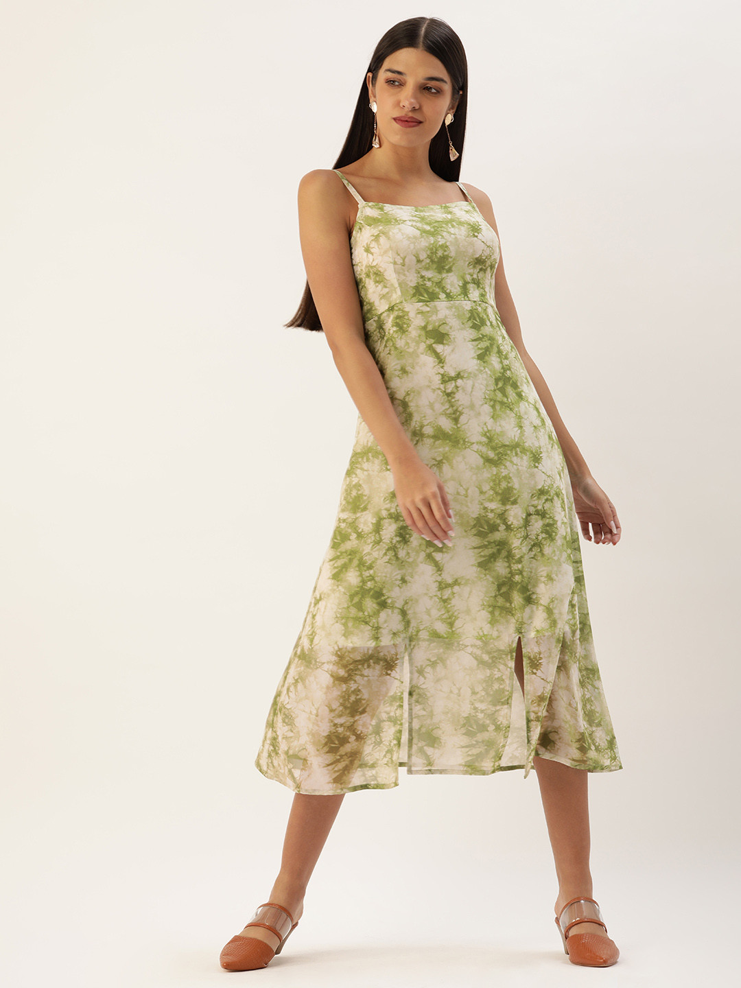 MELOSO Green & White Tie and Dye Georgette A-Line Midi Dress