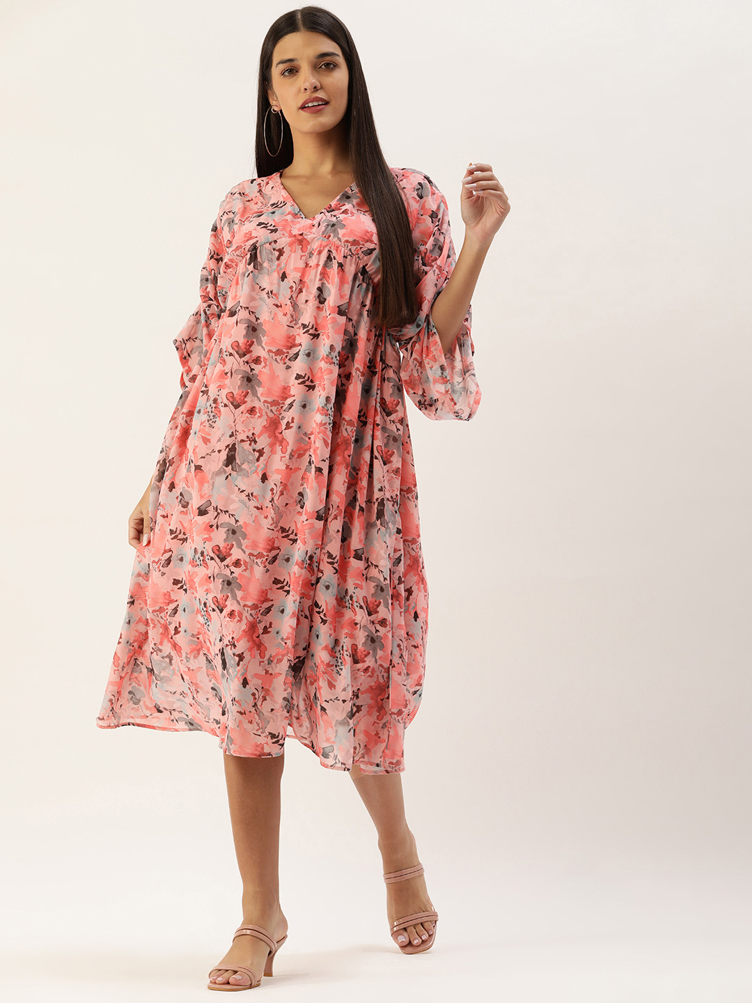 MELOSO Peach-Coloured & Grey Floral Georgette A-Line Midi Dress