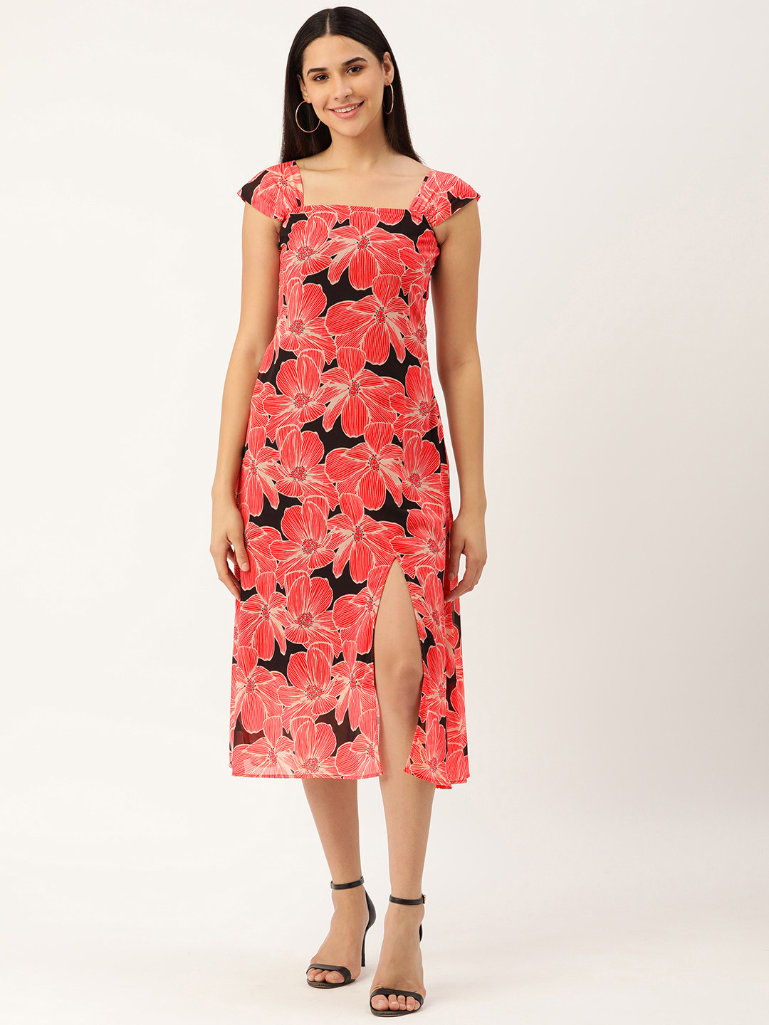 MELOSO Black & Red Floral Print Slit A-Line Midi Dress