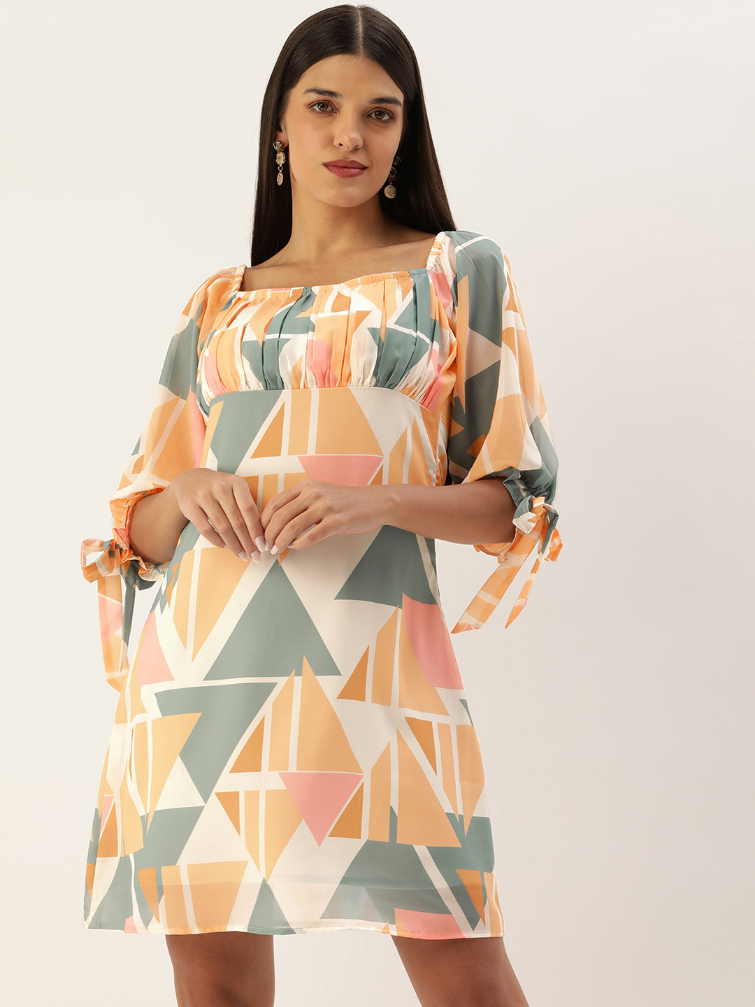 MELOSO White & Peach-Coloured Georgette Knee Length Dress