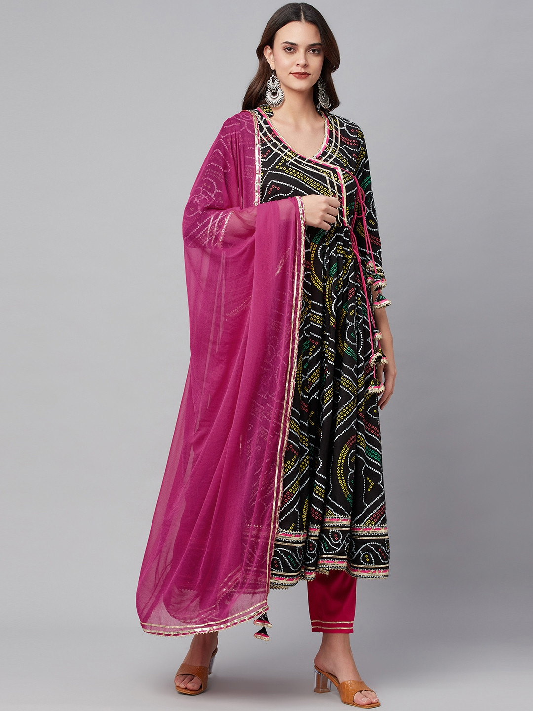 Divena Women Black Bandhani Printed Angrakha Gotta Patti Pure Cotton Kurta with Trousers & With Dupatta