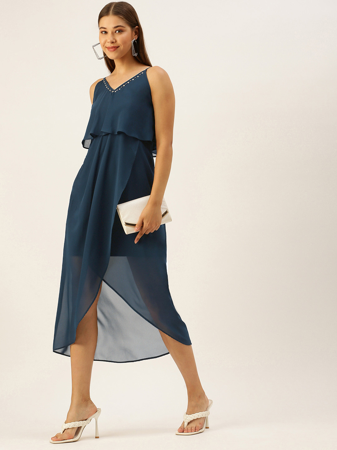 MELOSO Navy Blue Solid Layered Georgette A-Line Party Maxi Dress