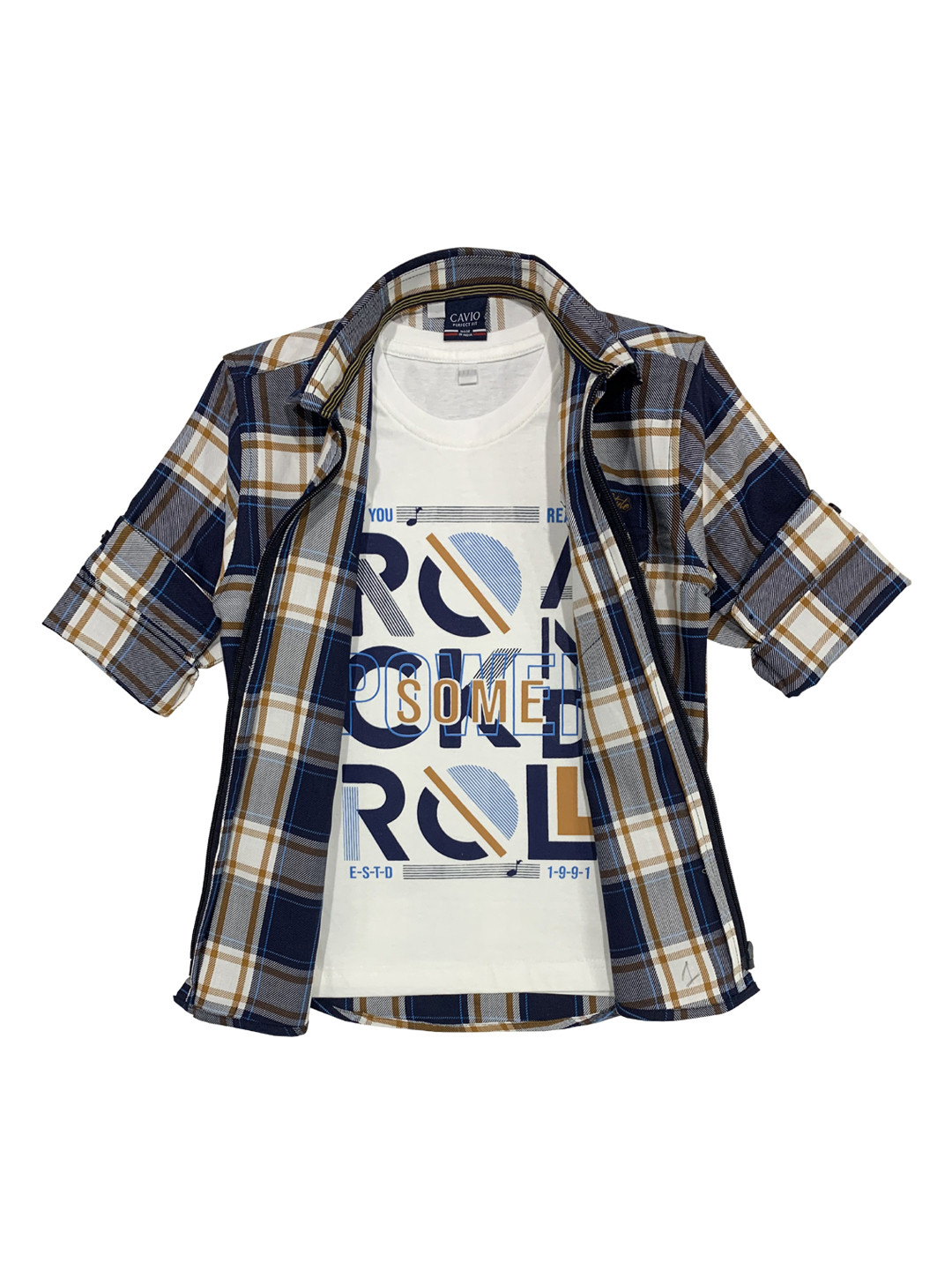 CAVIO Boys Navy Blue Checked Casual Shirt & T-Shirt