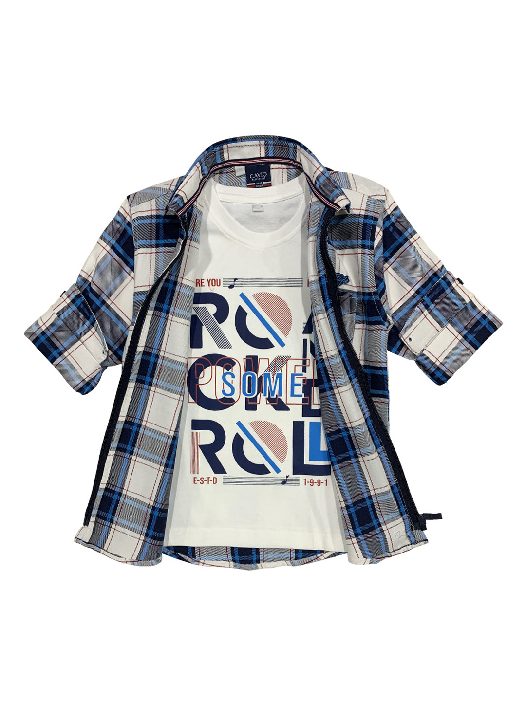 CAVIO Boys White Checked Casual Shirt & T-Shirt