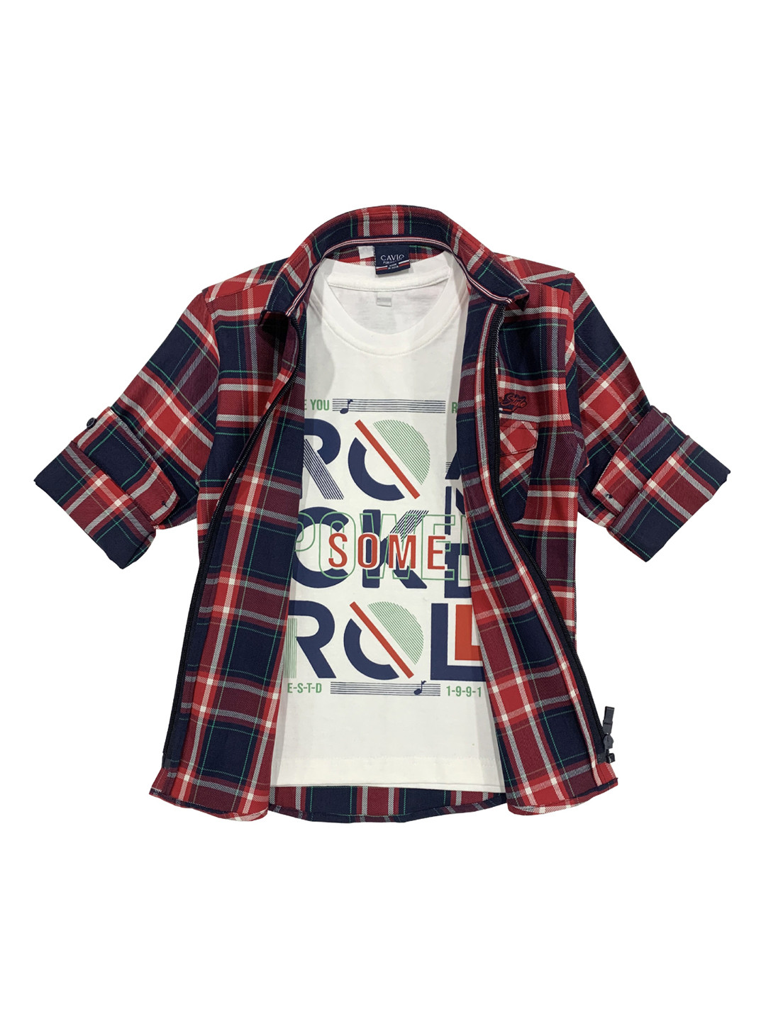 Cavio Boys Red Tartan Checks Checked Casual Shirt & T-Shirt