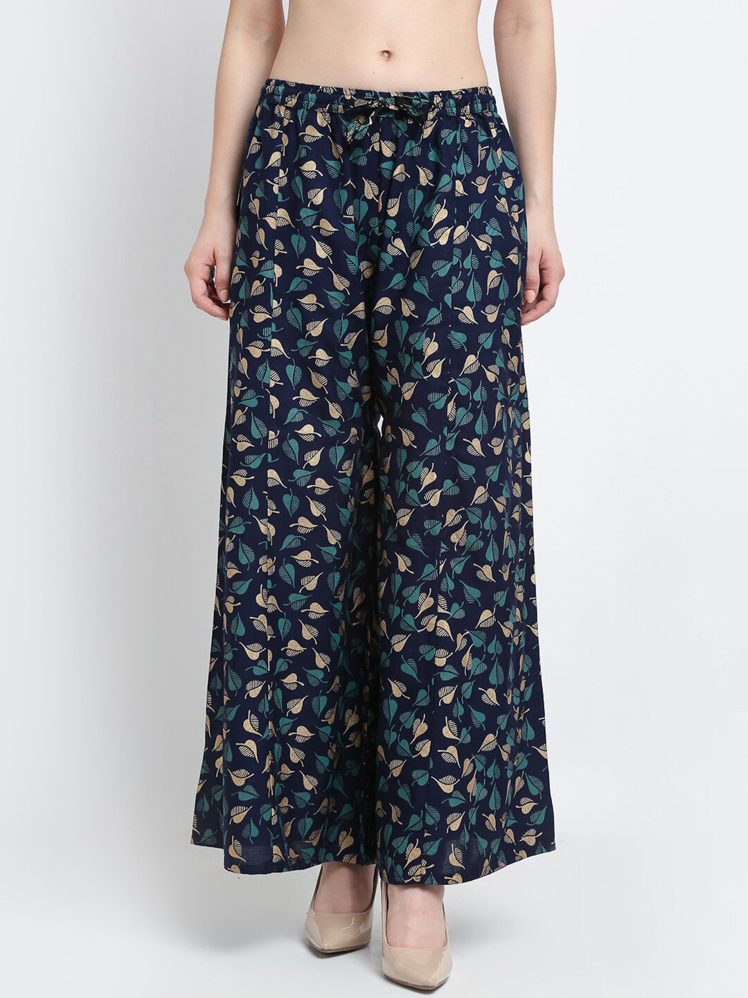 Jinfo Women Navy Blue & Gold-Toned Floral Printed Flared Knitted Ethnic Palazzos